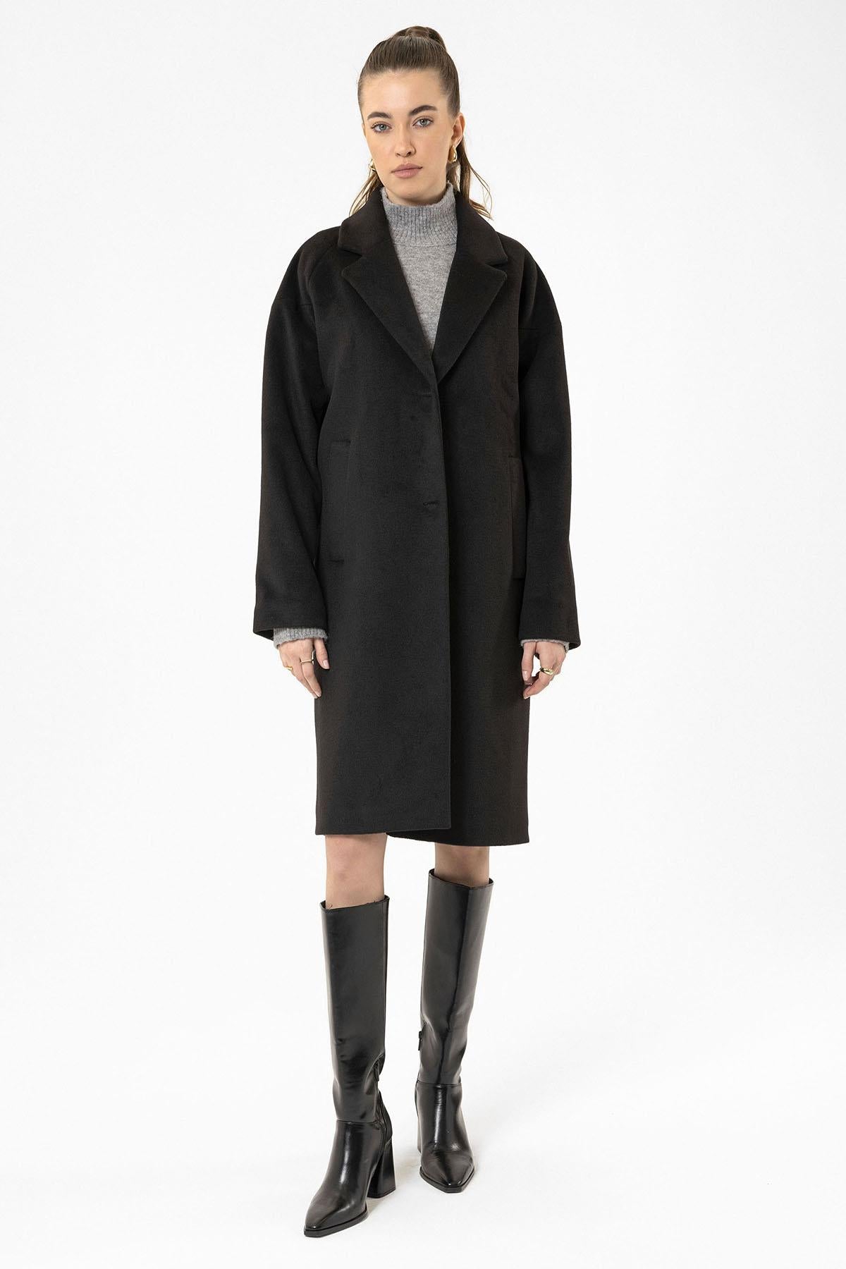 Antioch-Siyah Kadın Yün Karışımlı Dokulu Kaban-Kaban-1-Milagron.com