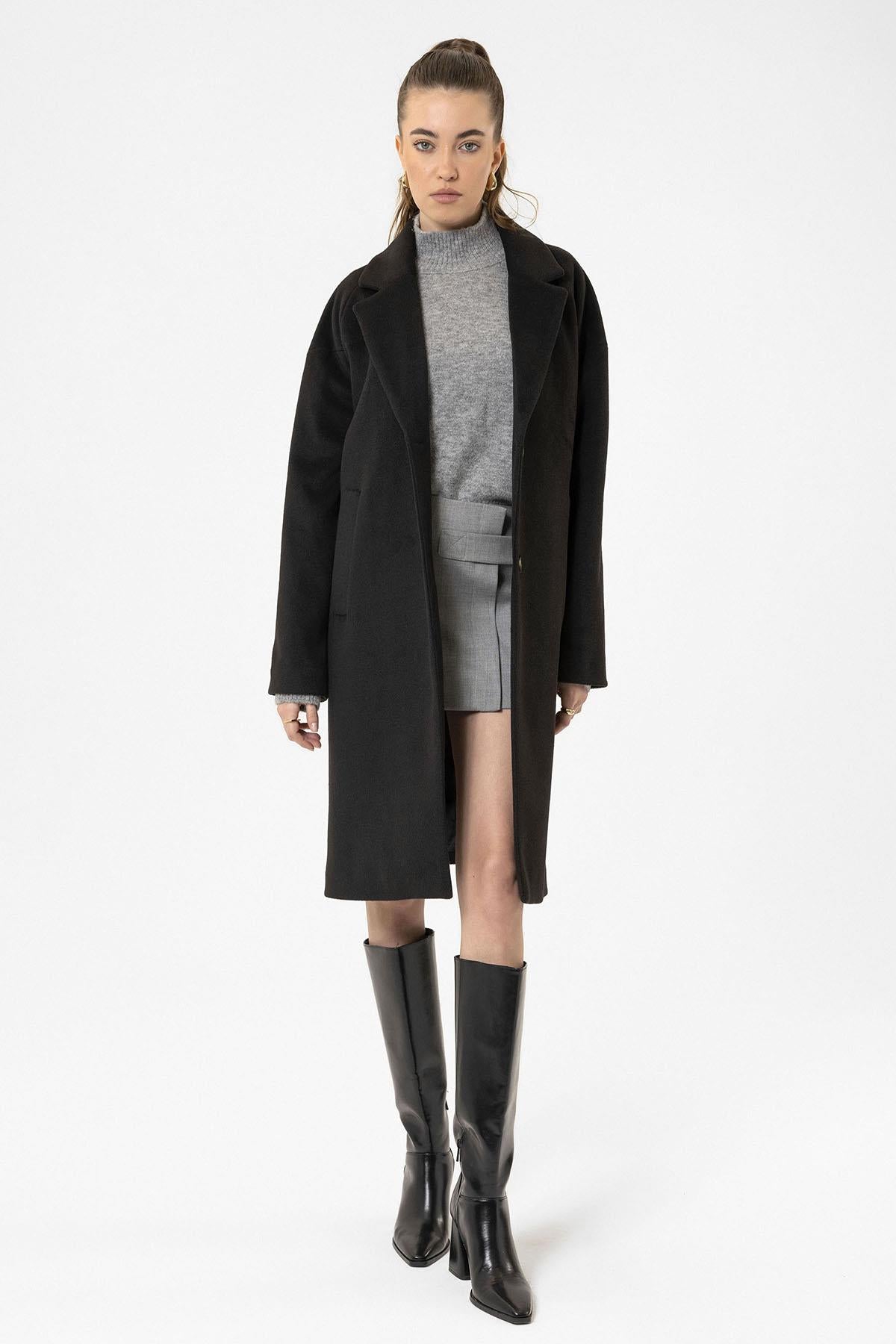 Antioch-Siyah Kadın Yün Karışımlı Dokulu Kaban-Kaban-3-Milagron.com