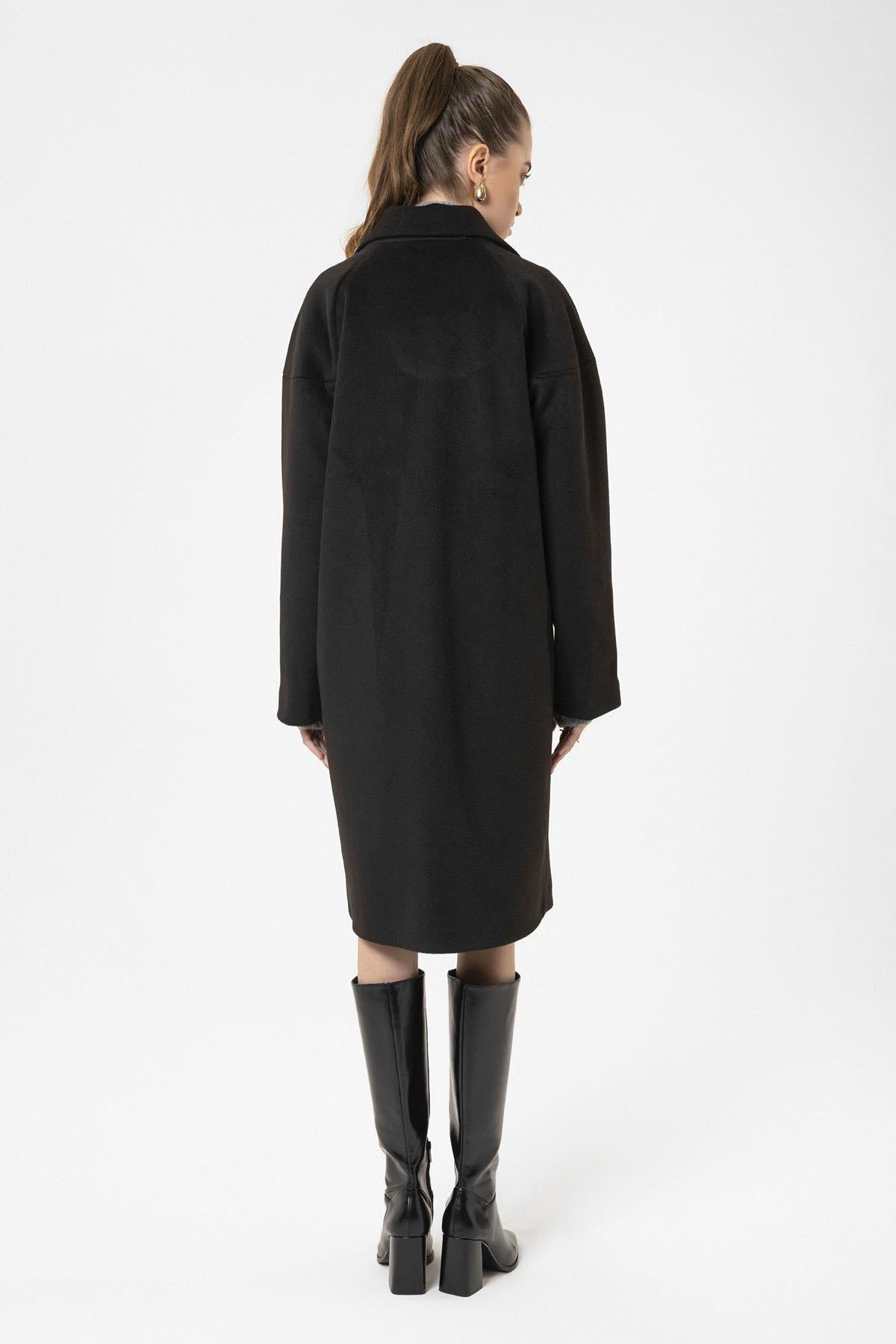 Antioch-Siyah Kadın Yün Karışımlı Dokulu Kaban-Kaban-6-Milagron.com