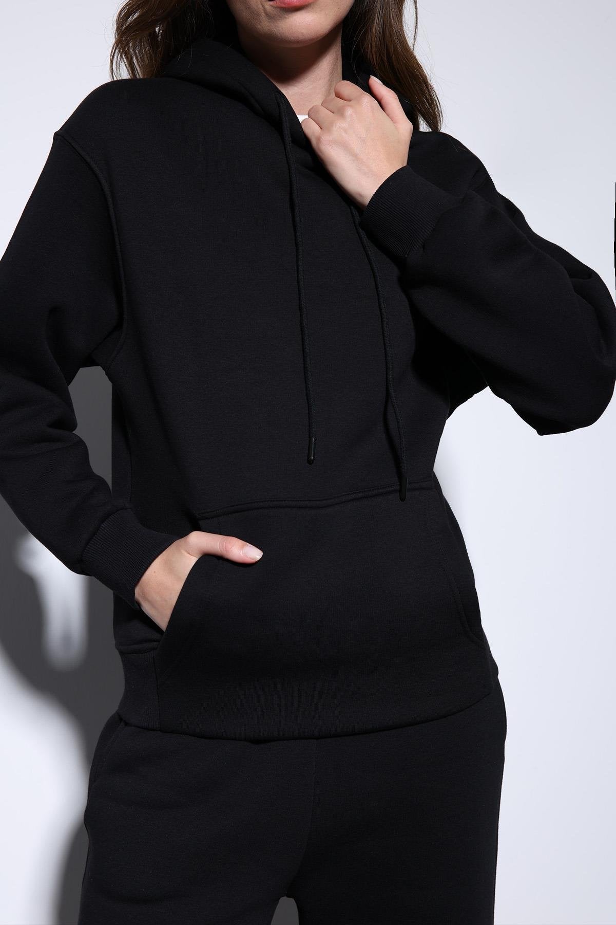 Antioch-Siyah Kapüşonlu Basic Kadın Sweatshirt-Sweatshirt-6-Milagron.com
