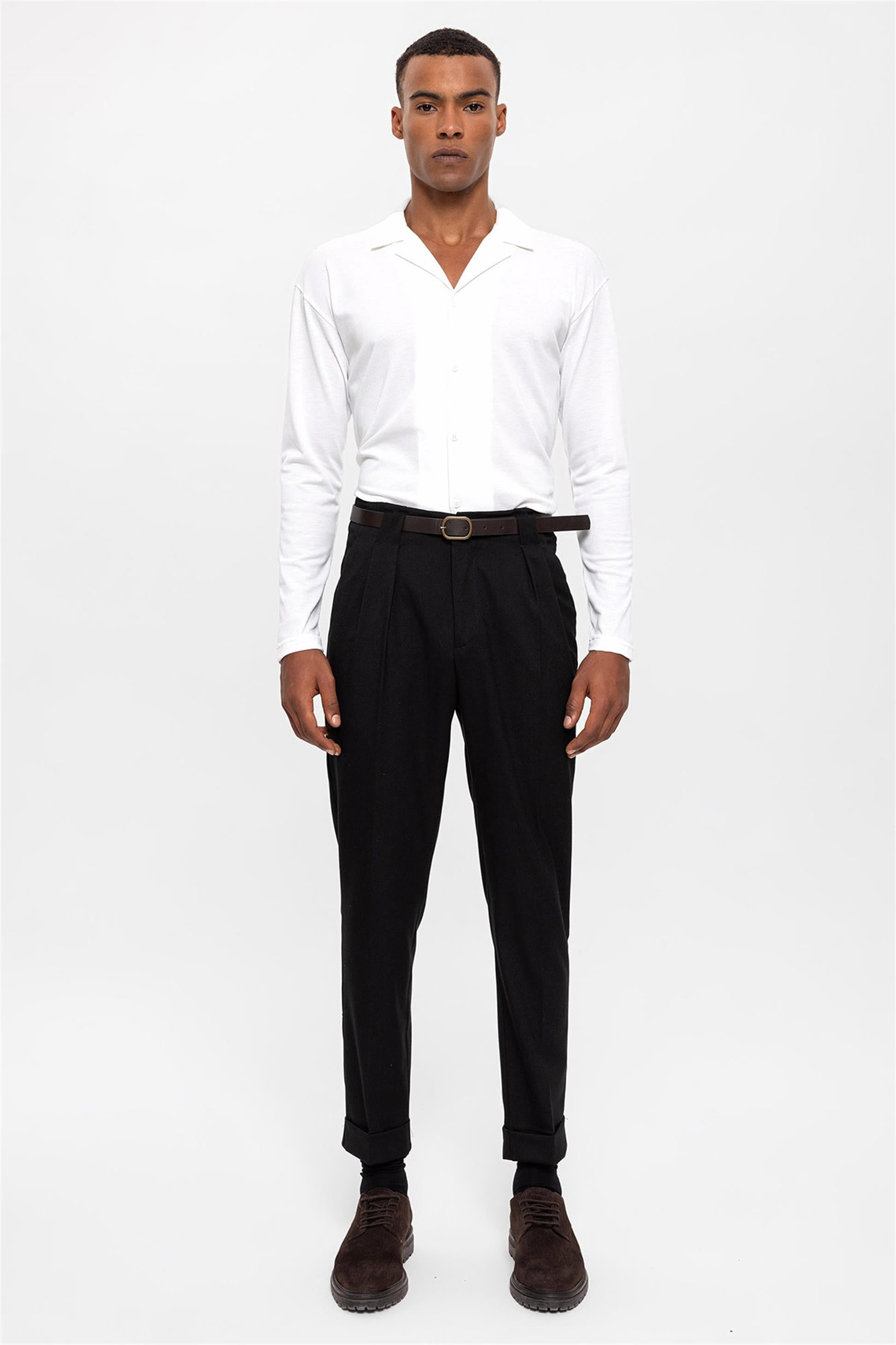 Antioch-Siyah Kemerli Double Paça Pantolon-Kumaş Pantolon-6-Milagron.com