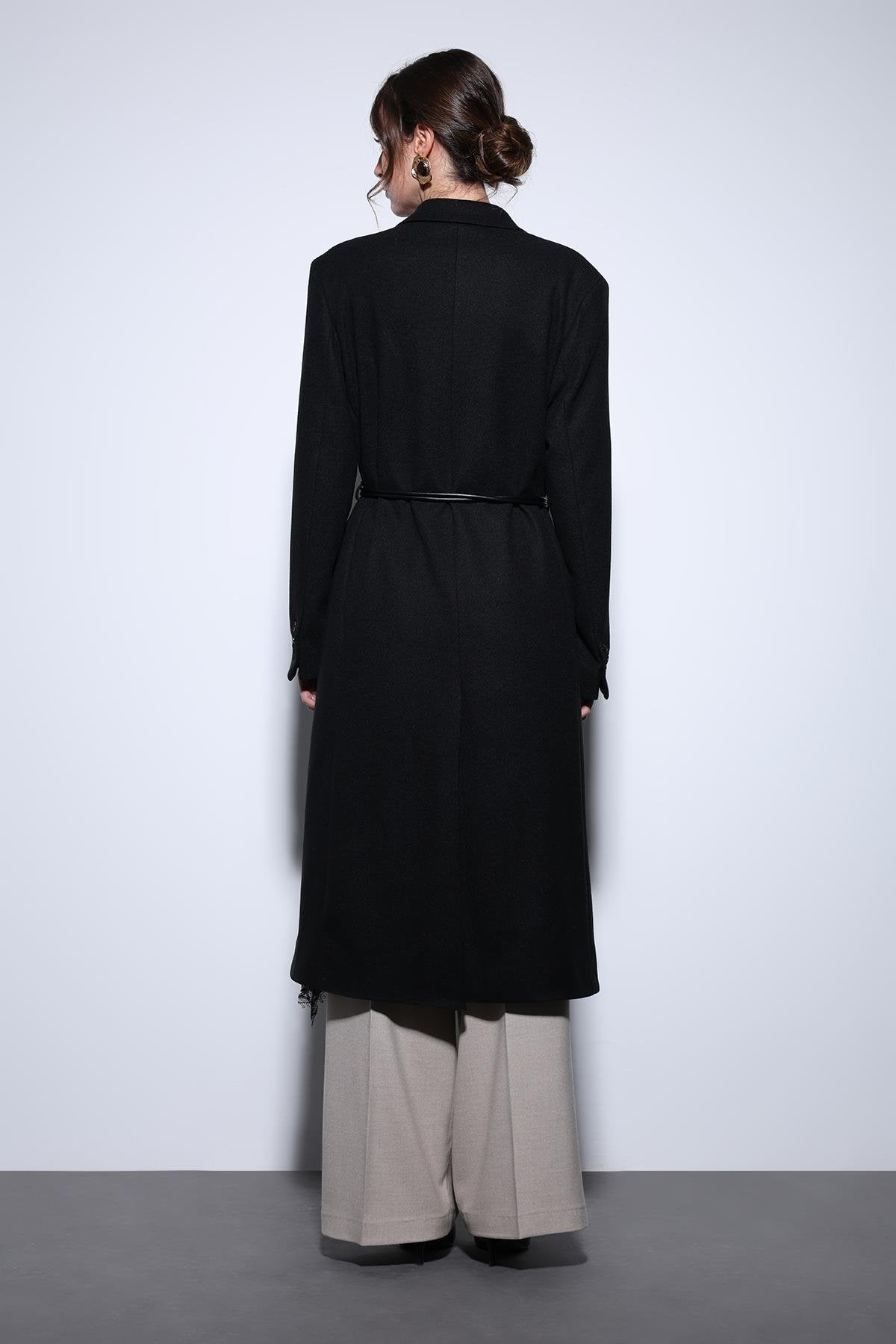 Antioch-Antioch Siyah Kemerli Kruvaze Kadın Kaban-Kaban-6-Milagron.com