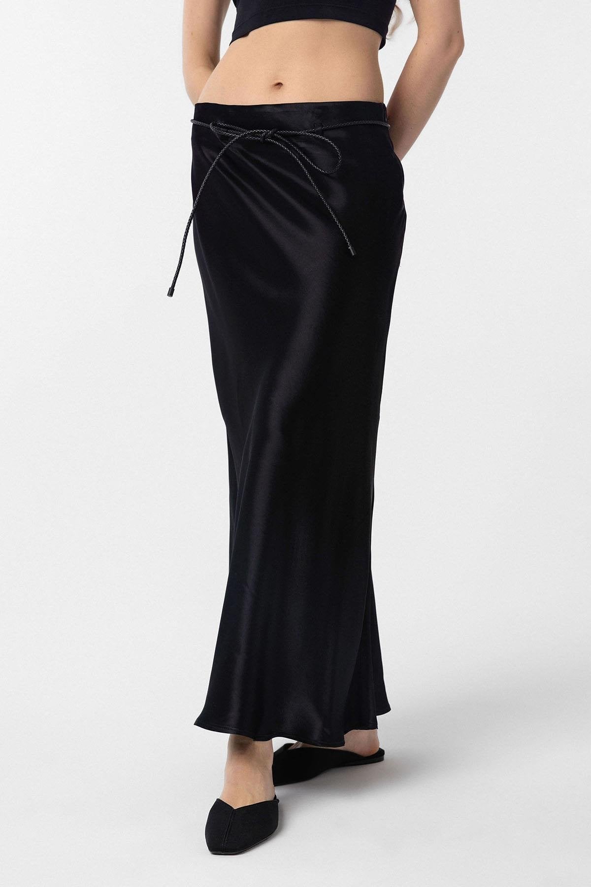 Antioch-Siyah Kemerli Saten Uzun Kadın Etek-Etek-1-Milagron.com