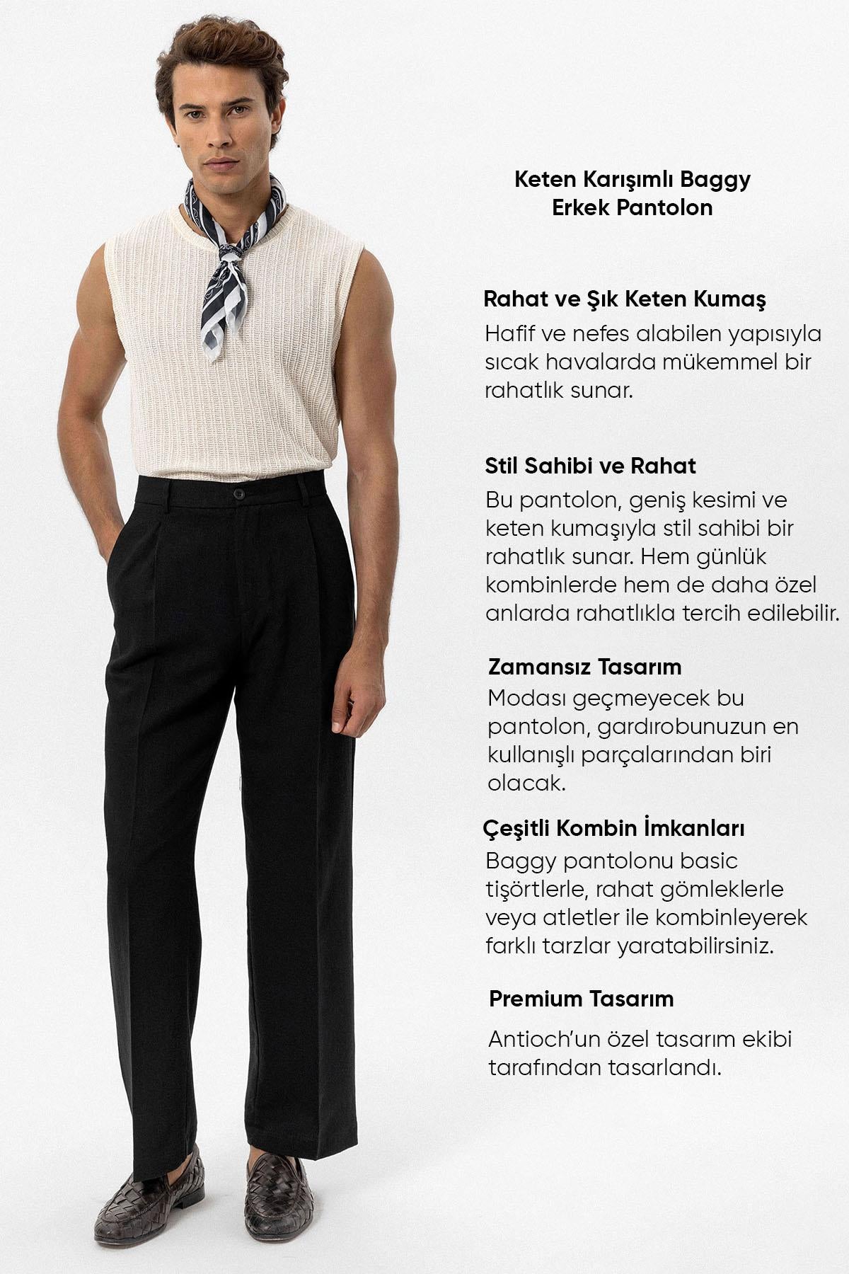 Antioch-Siyah Keten Karışımlı Baggy Erkek Pantolon-Pantolon-4-Milagron.com