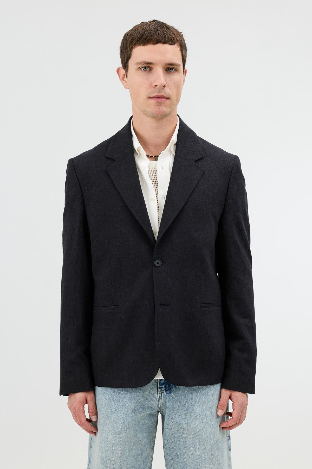 Antioch Siyah Keten Karışımlı Balıksırtı Desenli Erkek Blazer Ceket