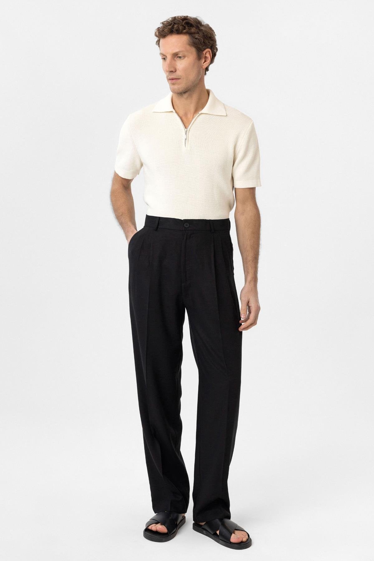 Antioch-Siyah Keten Karışımlı Erkek Baggy Pantolon-Kumaş Pantolon-2-Milagron.com