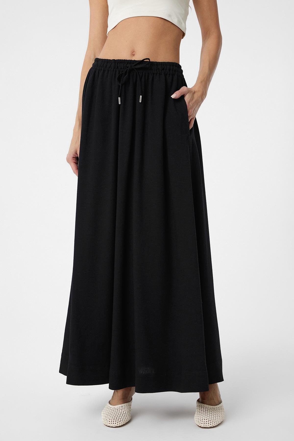 Antioch-Siyah Keten Karışımlı Kadın Uzun Etek-Etek-1-Milagron.com