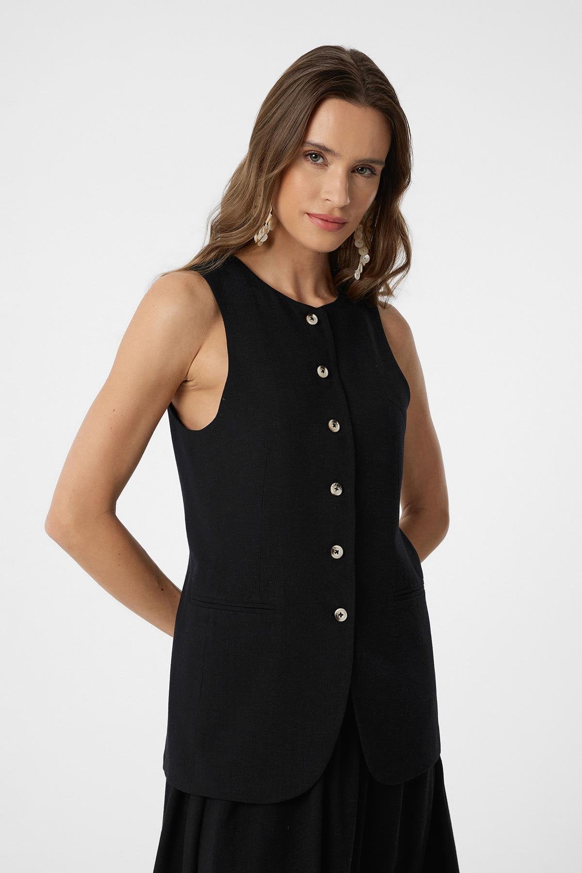 Antioch-Siyah Keten Karışımlı Kadın Uzun Yelek-Yelek-1-Milagron.com