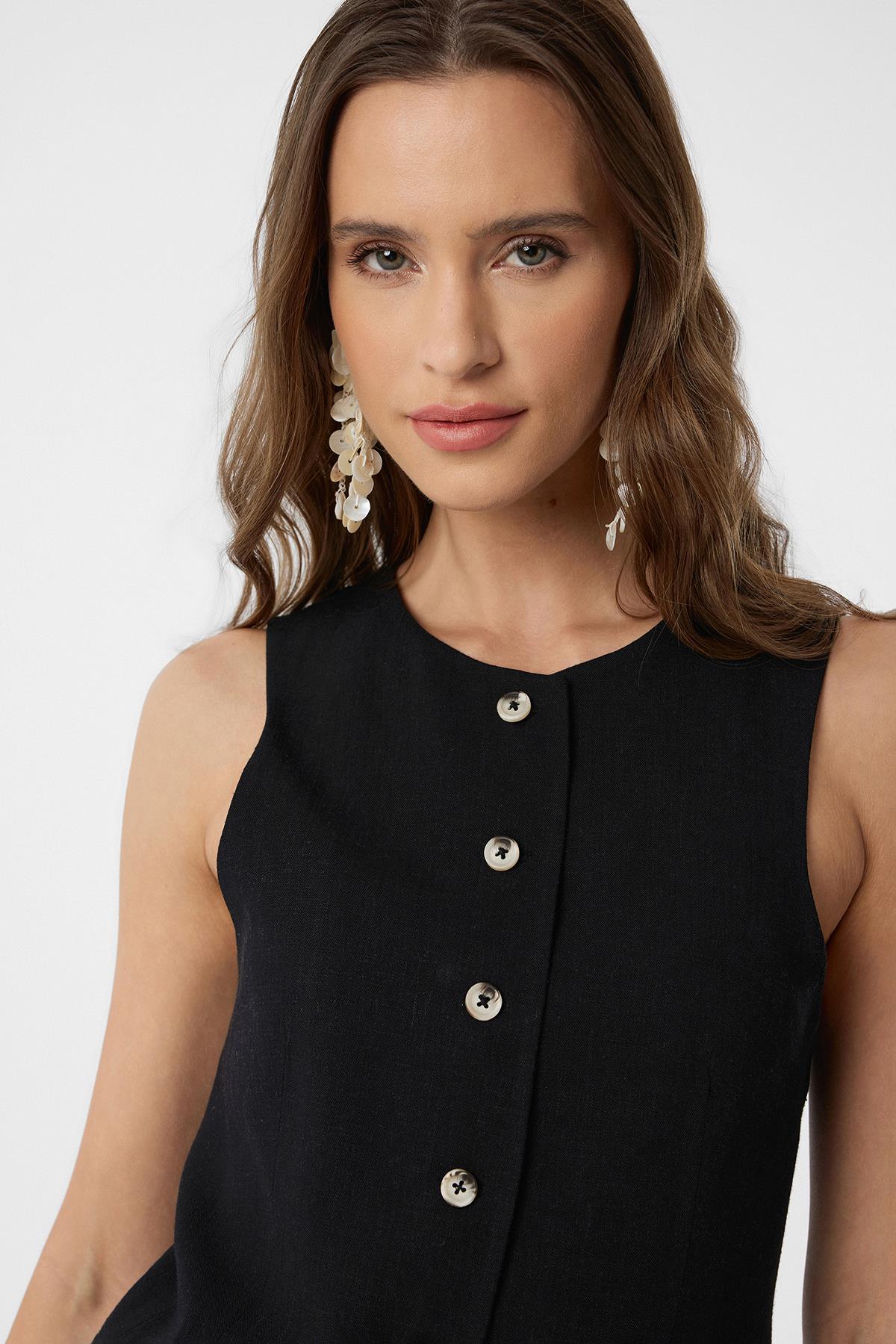 Antioch-Siyah Keten Karışımlı Kadın Uzun Yelek-Yelek-3-Milagron.com