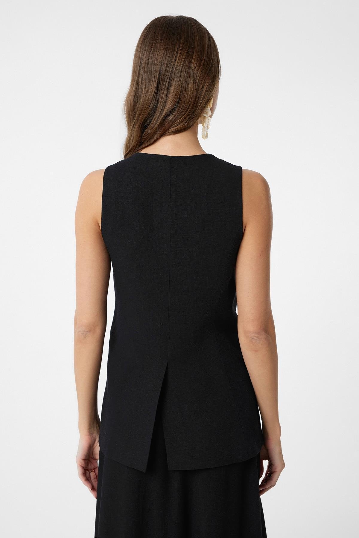 Antioch-Siyah Keten Karışımlı Kadın Uzun Yelek-Yelek-4-Milagron.com