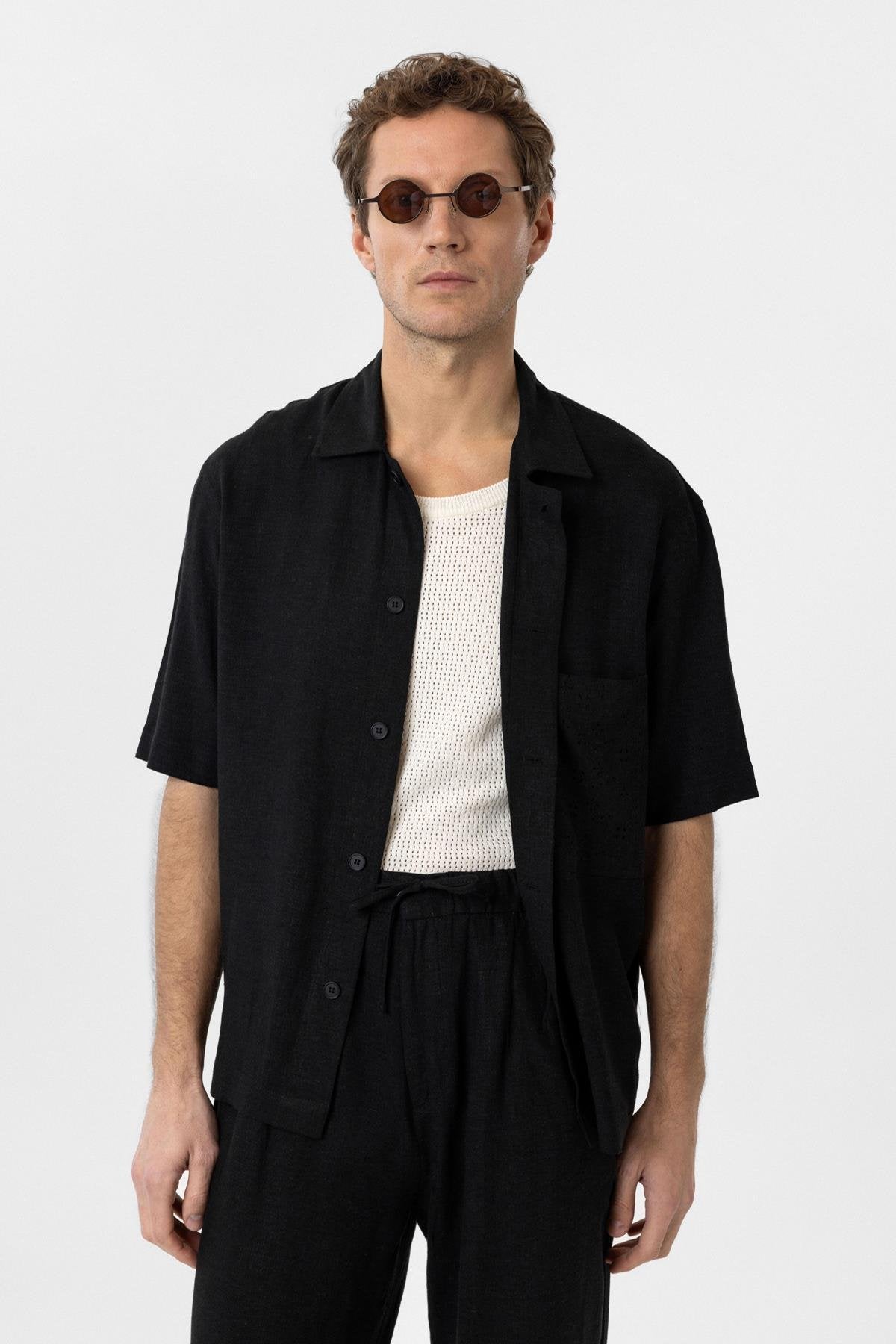 Antioch-Siyah Keten Karışımlı Kısa Kollu Erkek Gömlek-Gömlek-1-Milagron.com