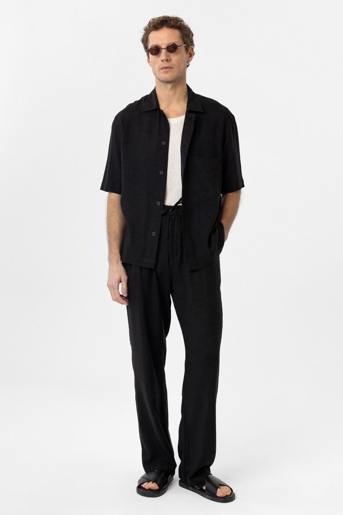 Antioch-Siyah Keten Karışımlı Kısa Kollu Erkek Gömlek-Gömlek-2-Milagron.com