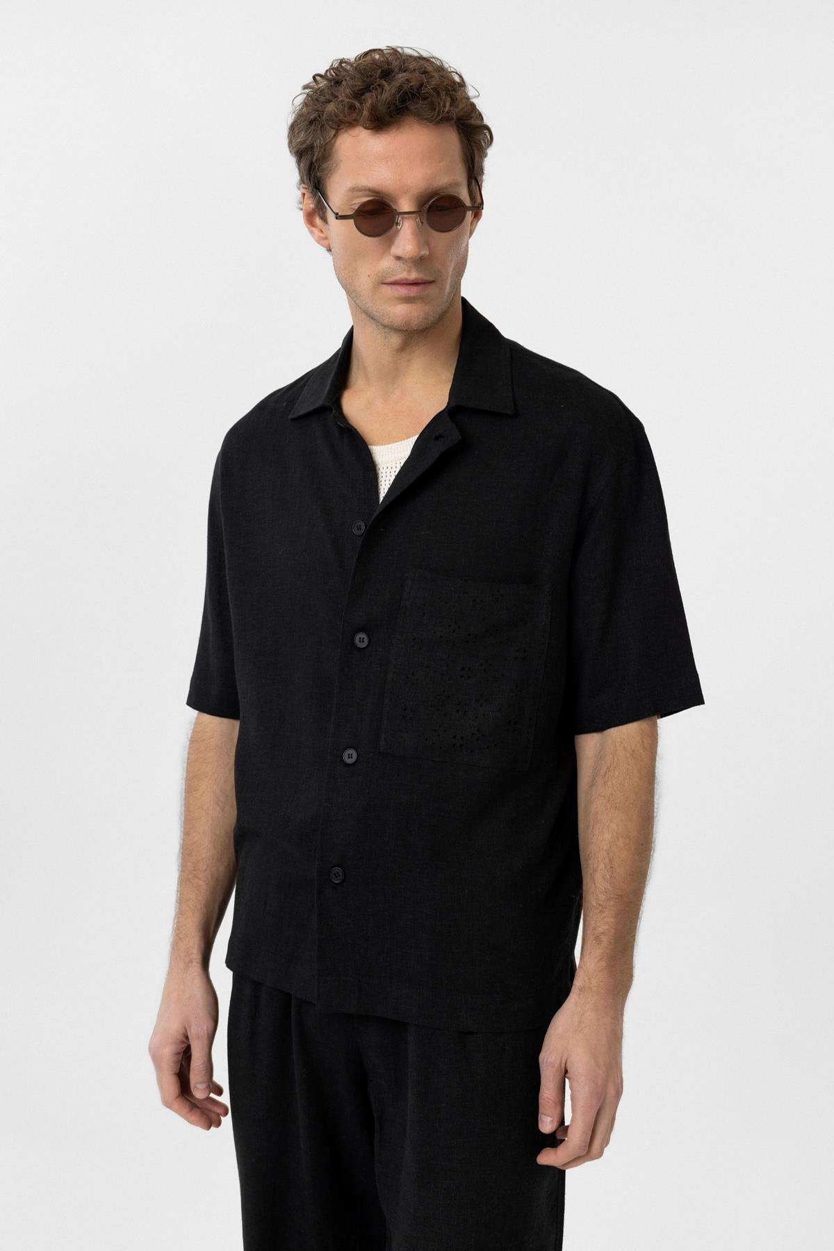 Antioch-Siyah Keten Karışımlı Kısa Kollu Erkek Gömlek-Gömlek-3-Milagron.com