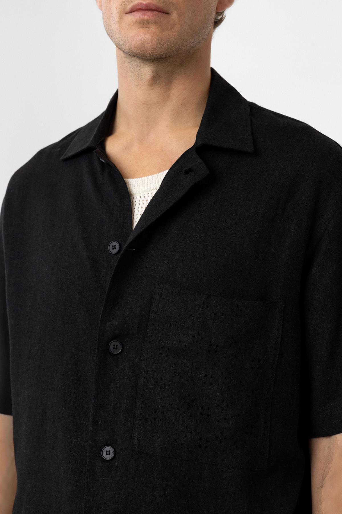 Antioch-Siyah Keten Karışımlı Kısa Kollu Erkek Gömlek-Gömlek-4-Milagron.com