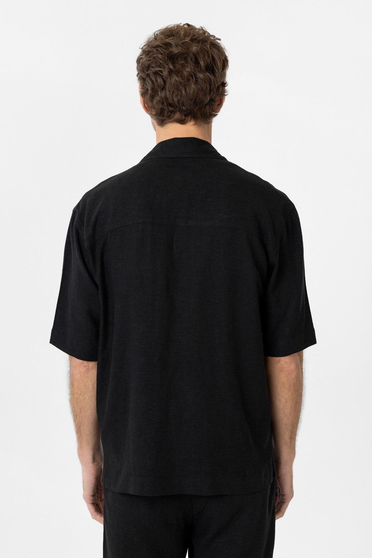Antioch-Siyah Keten Karışımlı Kısa Kollu Erkek Gömlek-Gömlek-5-Milagron.com