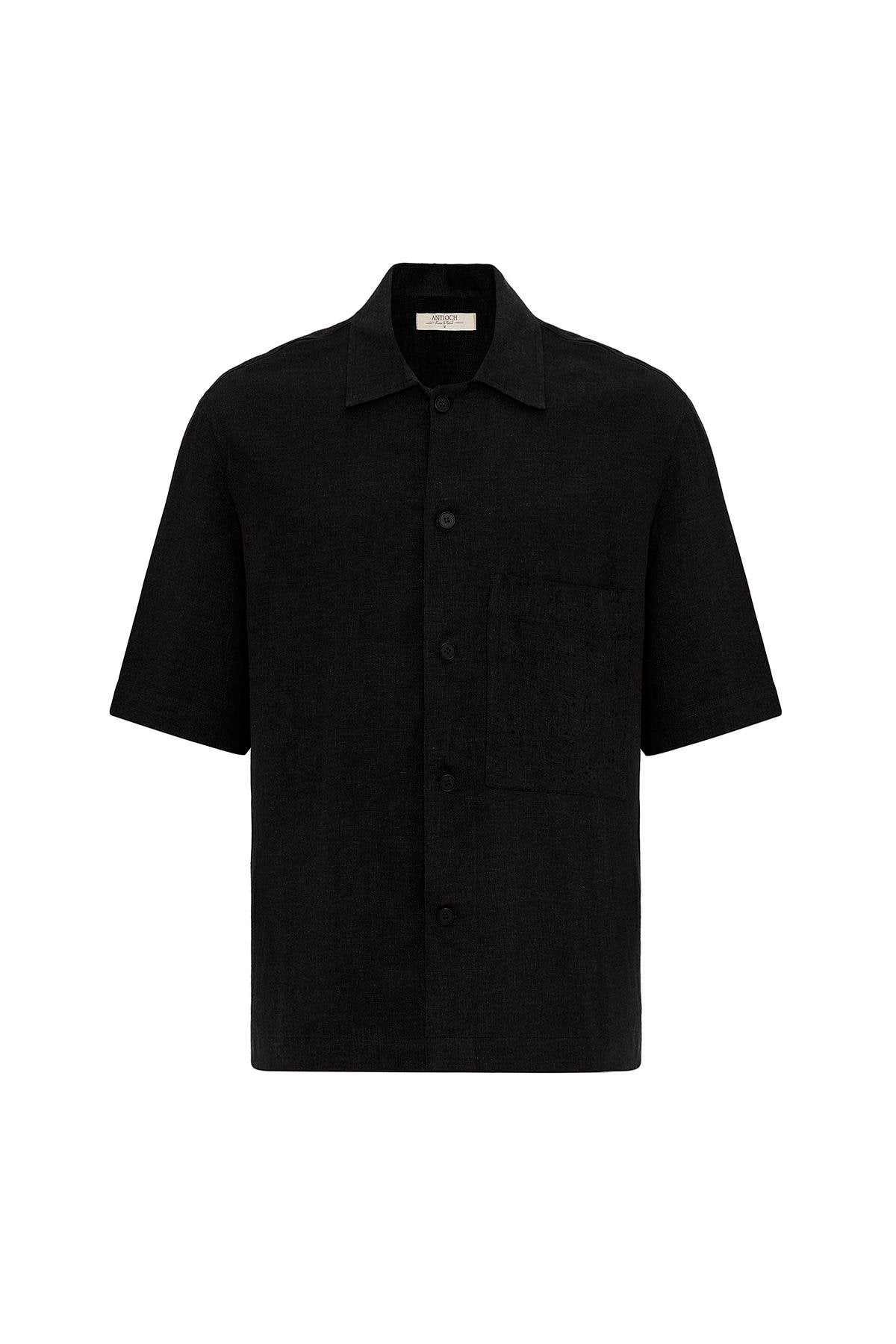 Antioch-Siyah Keten Karışımlı Kısa Kollu Erkek Gömlek-Gömlek-6-Milagron.com