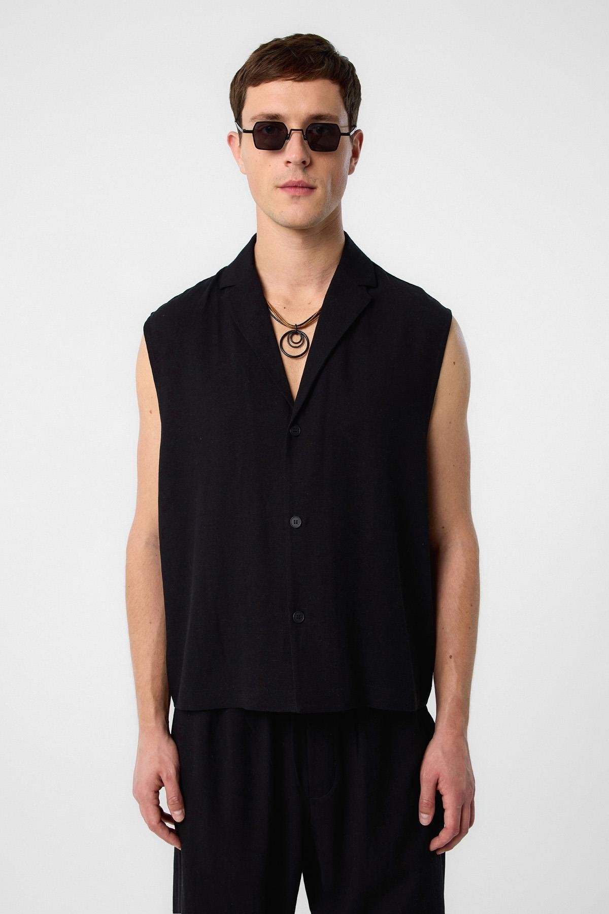 Antioch-Siyah Keten Karışımlı Kolsuz Erkek Gömlek-Gömlek-1-Milagron.com