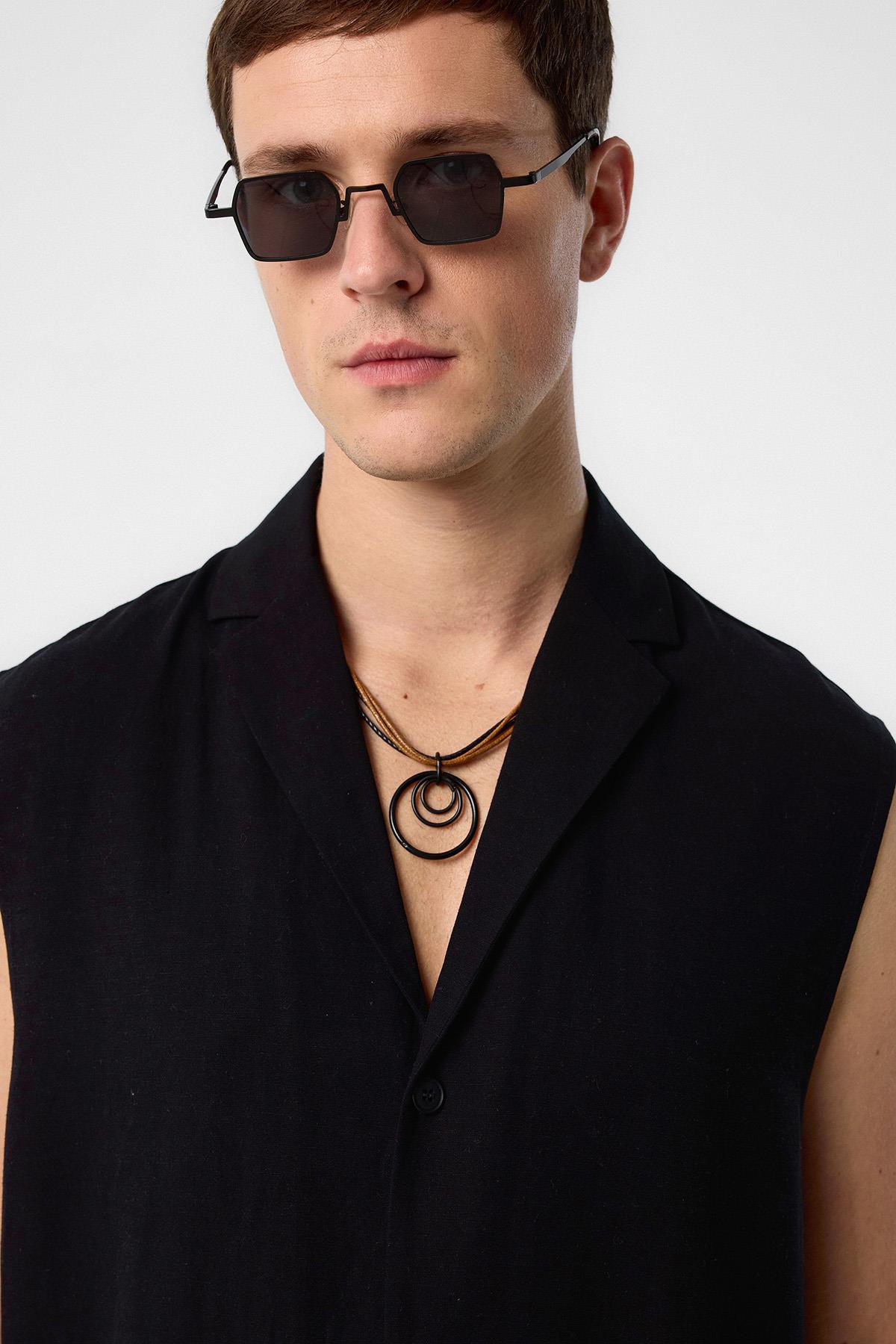 Antioch-Siyah Keten Karışımlı Kolsuz Erkek Gömlek-Gömlek-4-Milagron.com