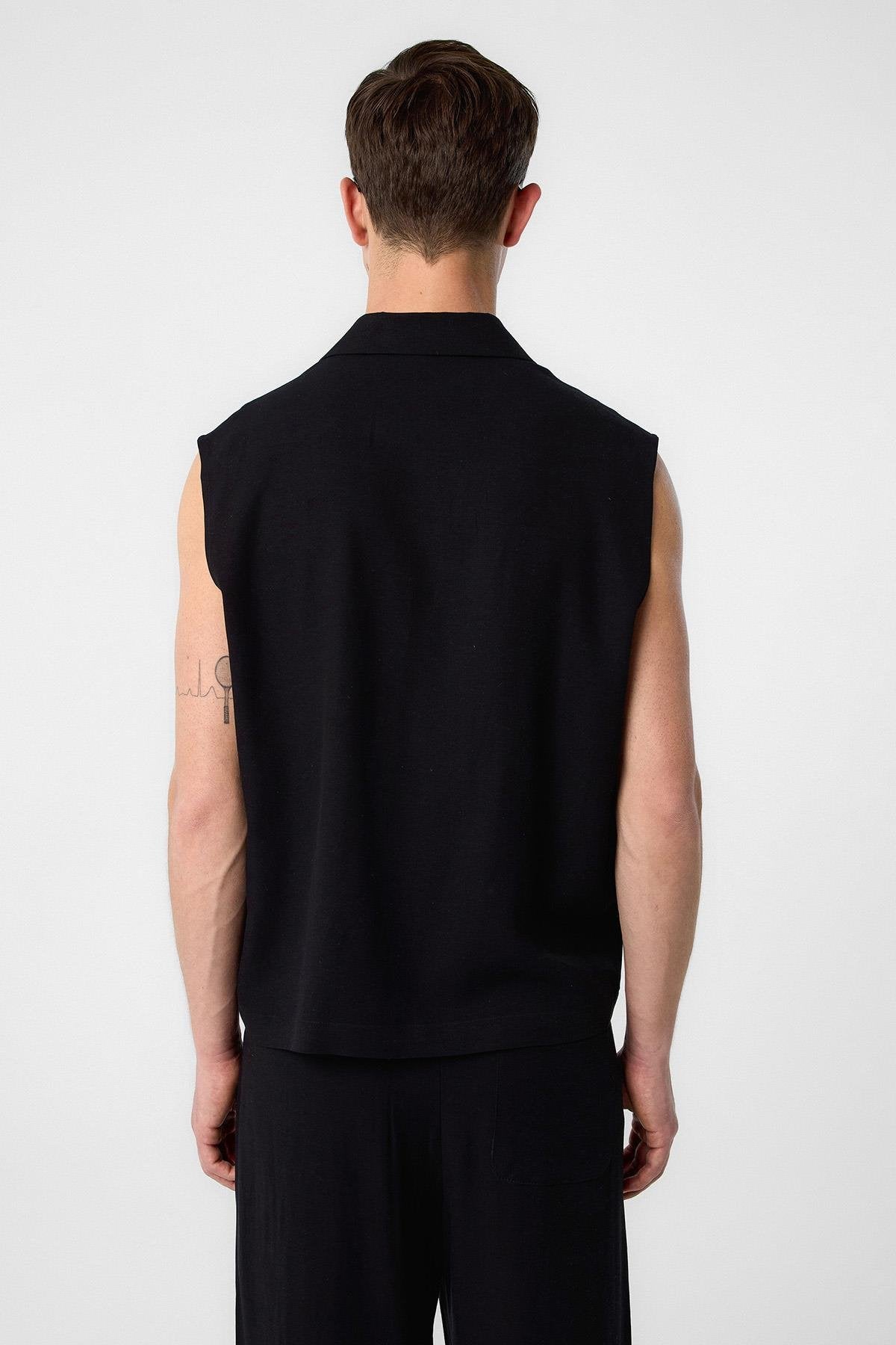 Antioch-Siyah Keten Karışımlı Kolsuz Erkek Gömlek-Gömlek-5-Milagron.com