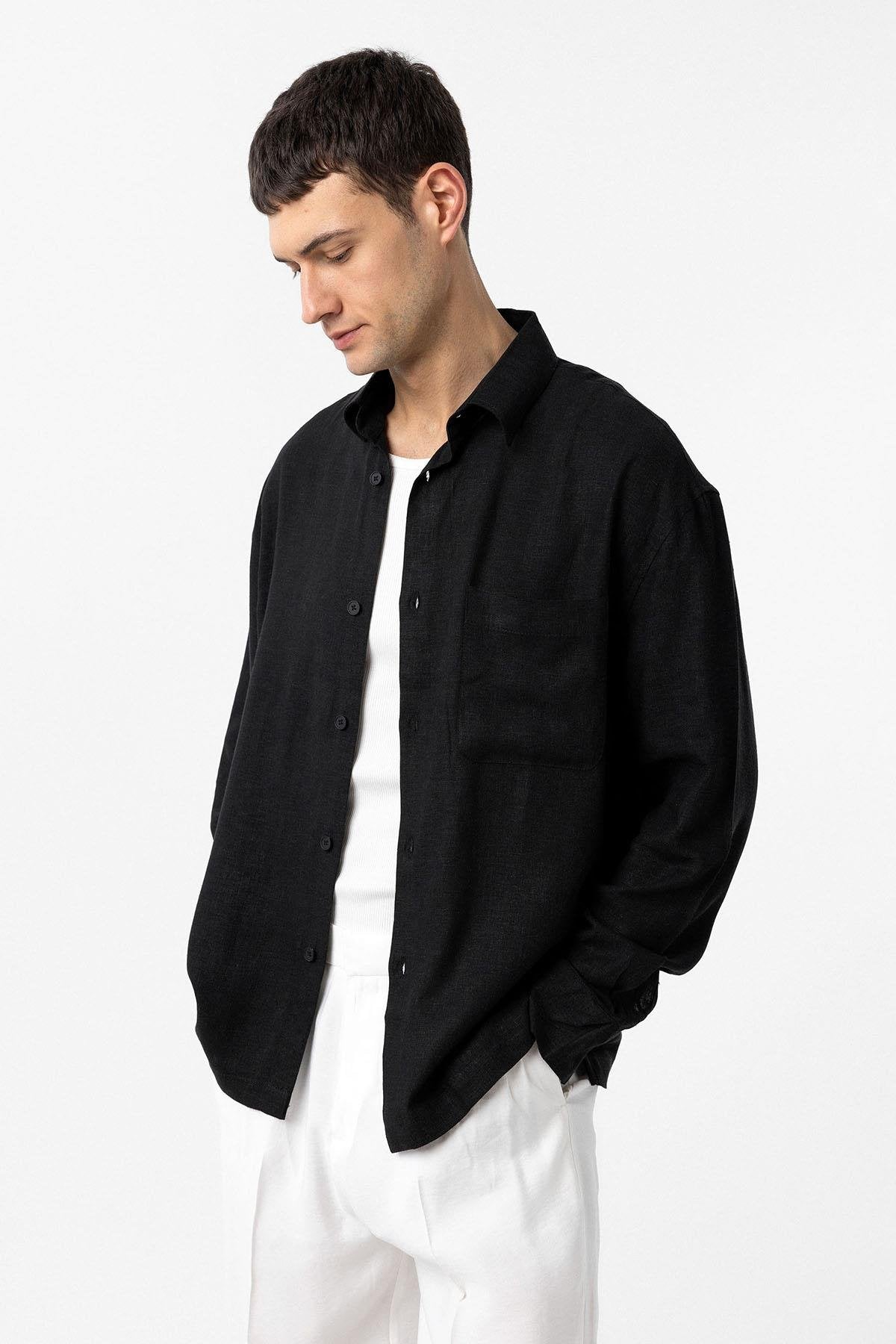 Antioch-Siyah Keten Karışımlı Relax Fit Erkek Gömlek-Gömlek-8-Milagron.com