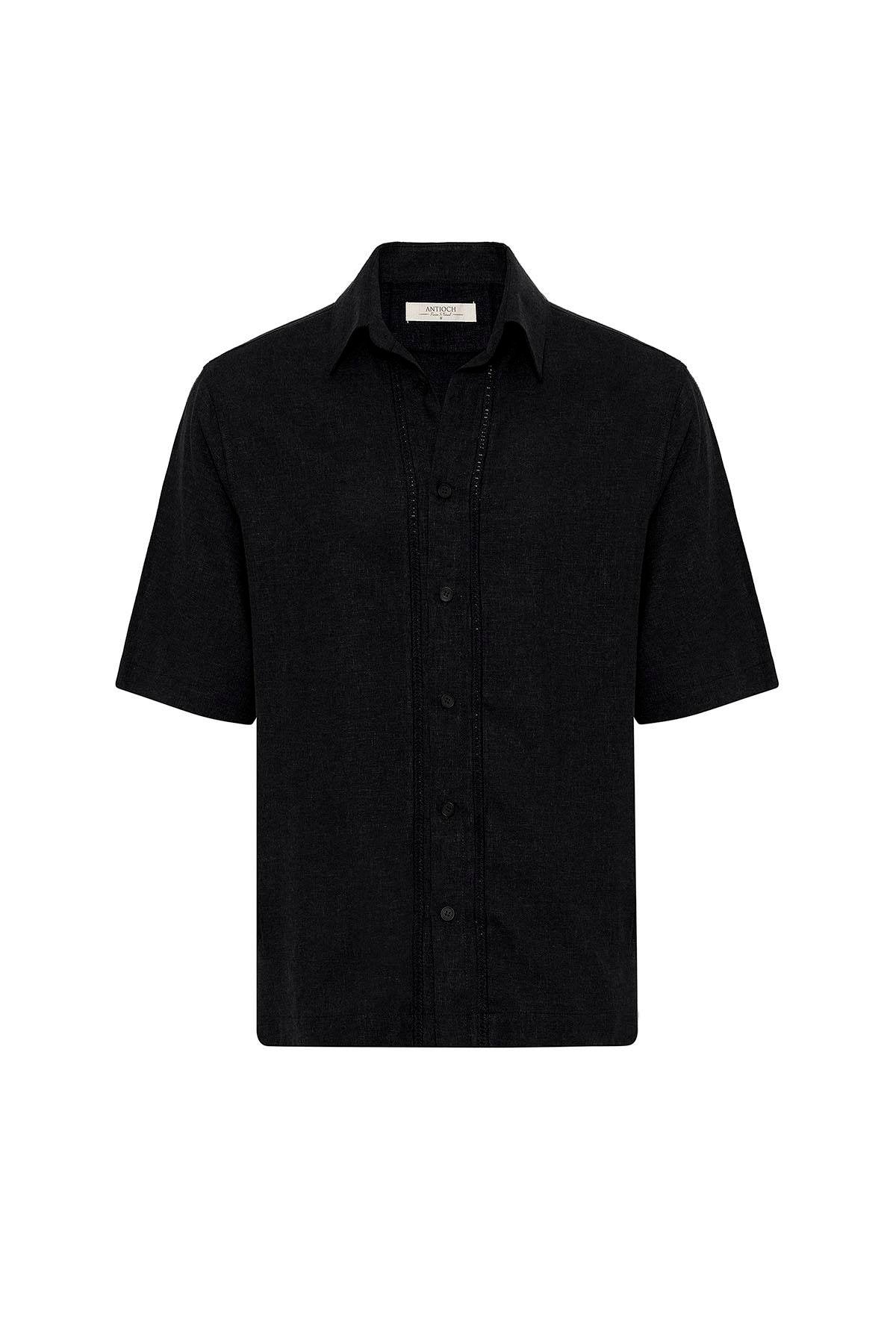Antioch-Siyah Keten Karışımlı Relaxed Erkek Gömlek-Gömlek-7-Milagron.com