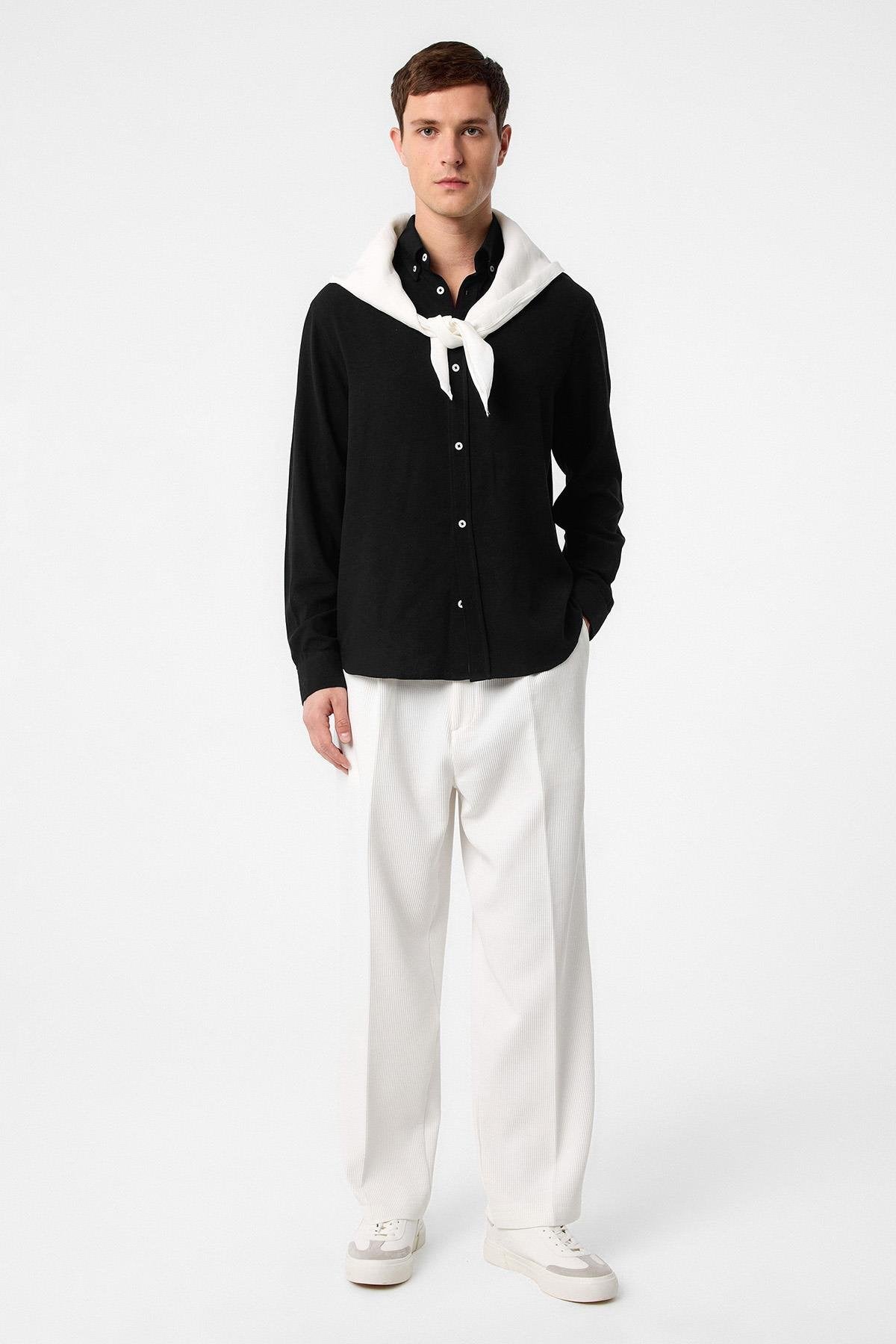 Antioch-Siyah Keten Karışımlı Yaka Düğmeli Erkek Gömlek-Gömlek-2-Milagron.com