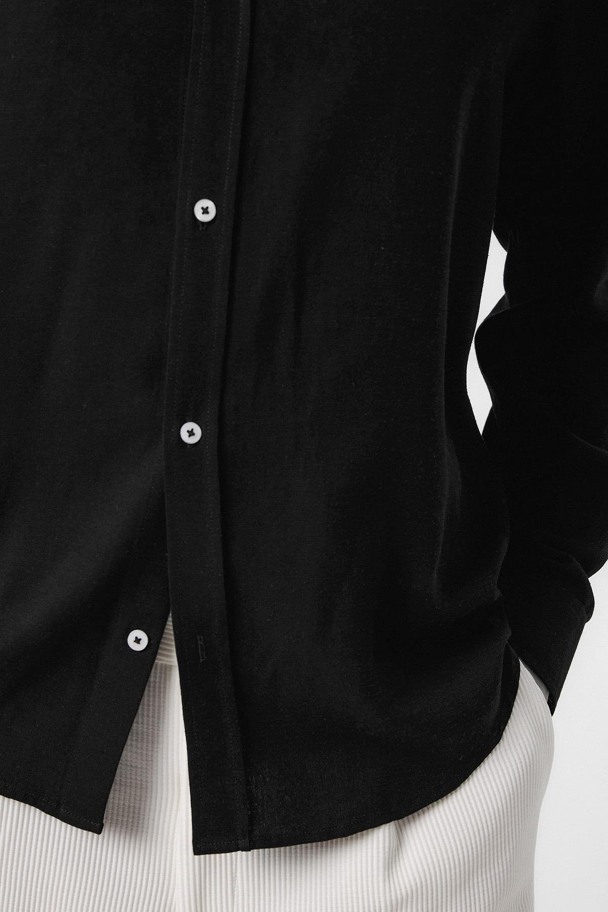 Antioch-Siyah Keten Karışımlı Yaka Düğmeli Erkek Gömlek-Gömlek-3-Milagron.com