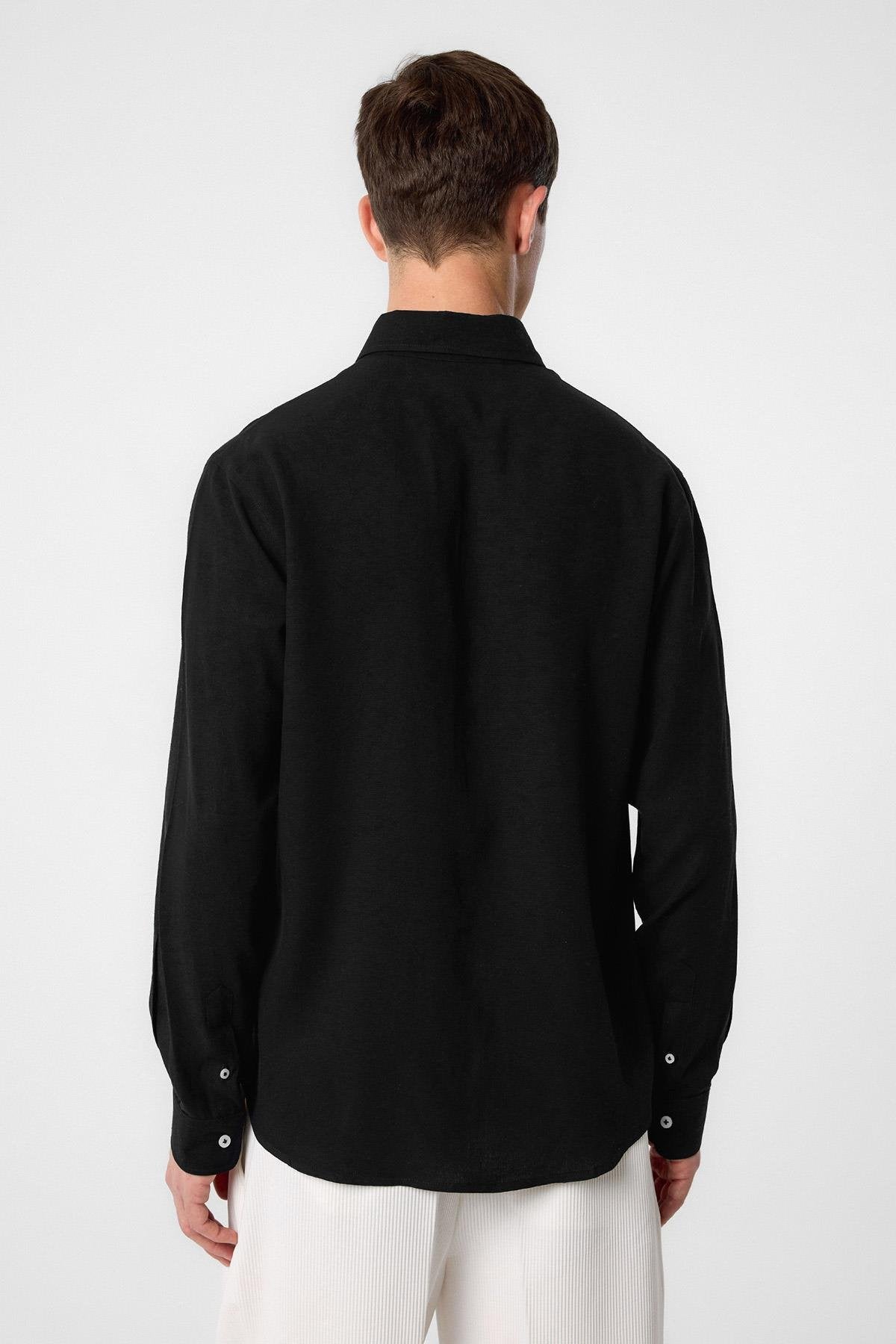 Antioch-Siyah Keten Karışımlı Yaka Düğmeli Erkek Gömlek-Gömlek-4-Milagron.com