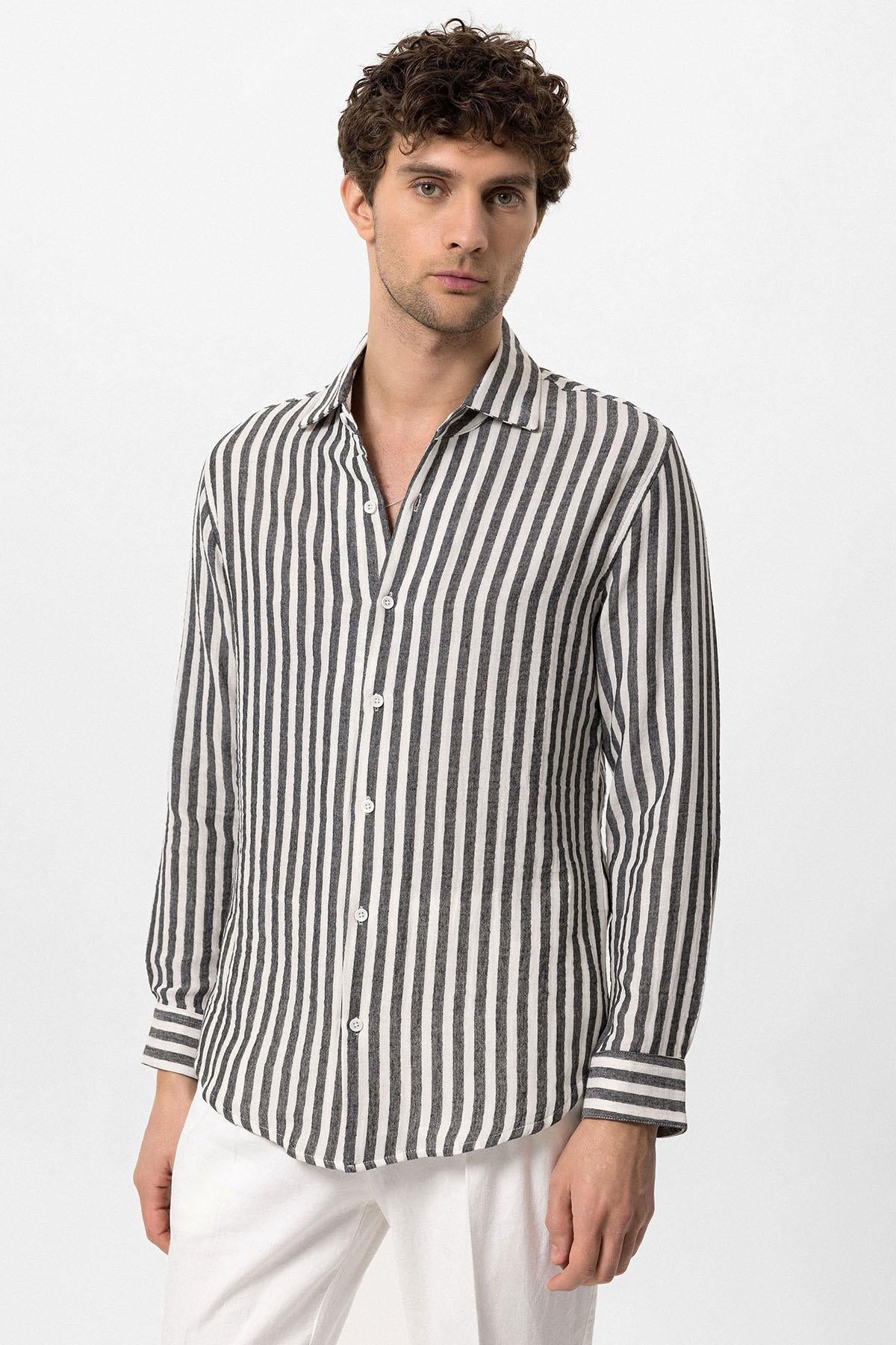 Antioch-Siyah Kontrast Çizgili Erkek Gömlek-Gömlek-2-Milagron.com