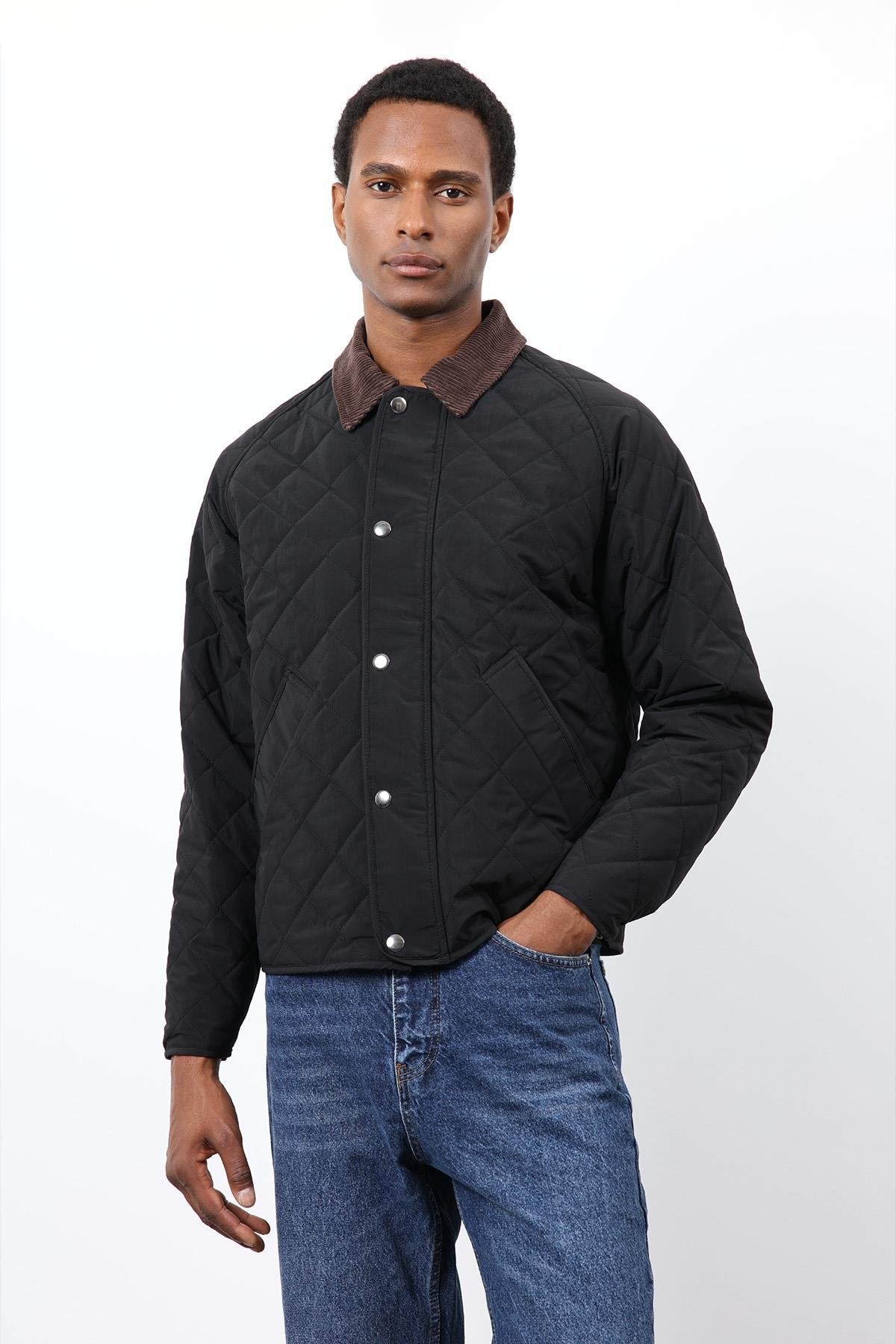 Antioch-Siyah Kontrast Yaka Baklava Desenli Erkek Mont-Mont-5-Milagron.com