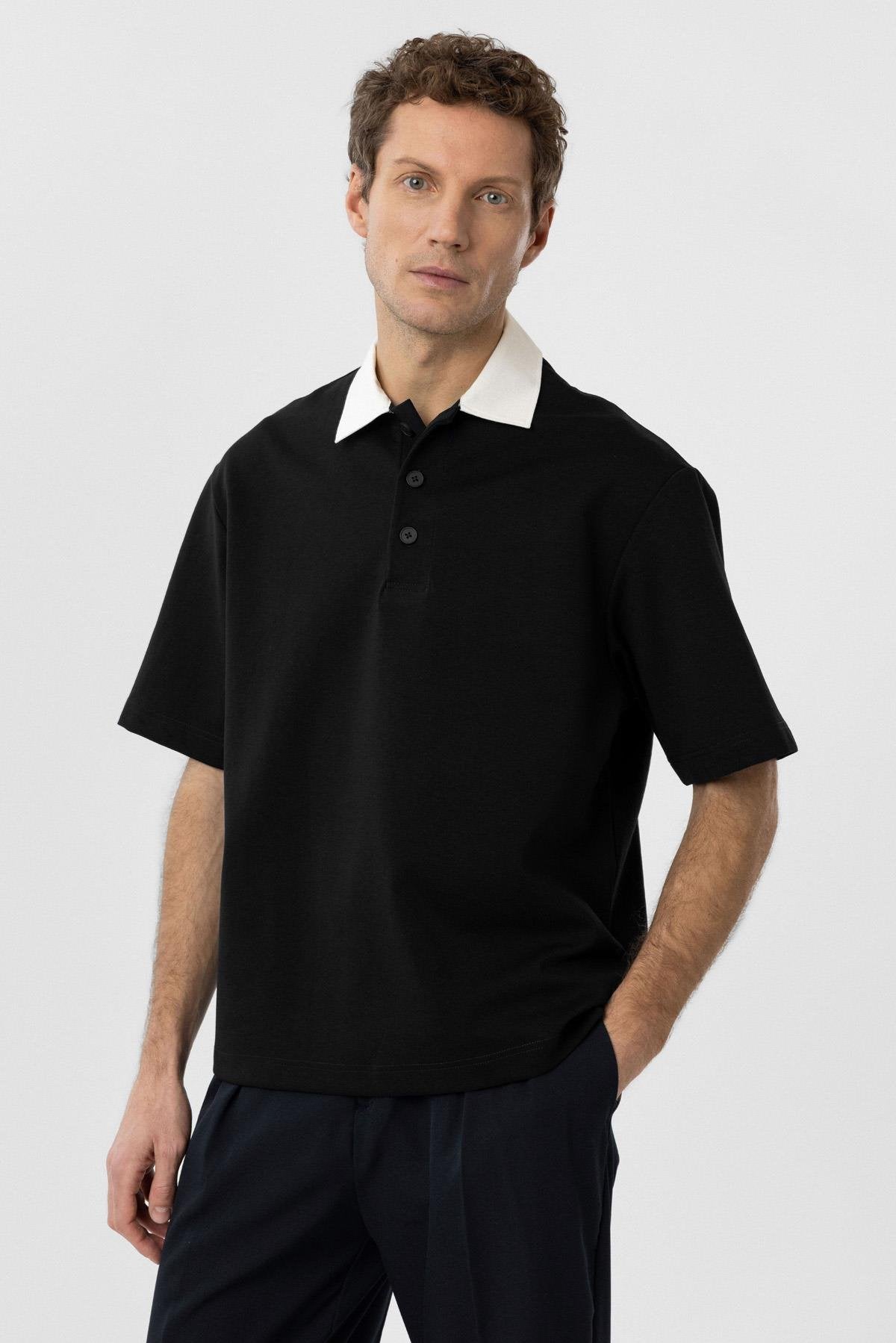 Antioch-Siyah Kontrast Yaka İnterlok Dokulu Erkek T Shirt-T-Shirts-1-Milagron.com