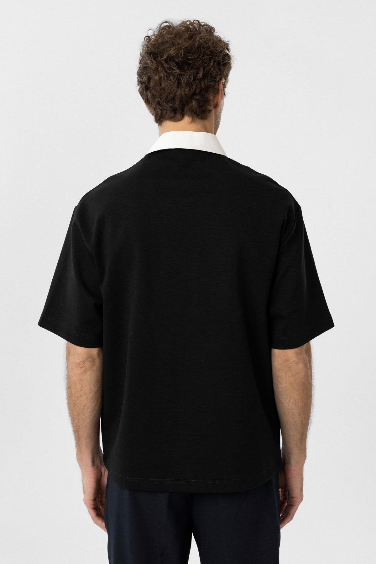 Antioch-Siyah Kontrast Yaka İnterlok Dokulu Erkek T Shirt-T-Shirts-4-Milagron.com