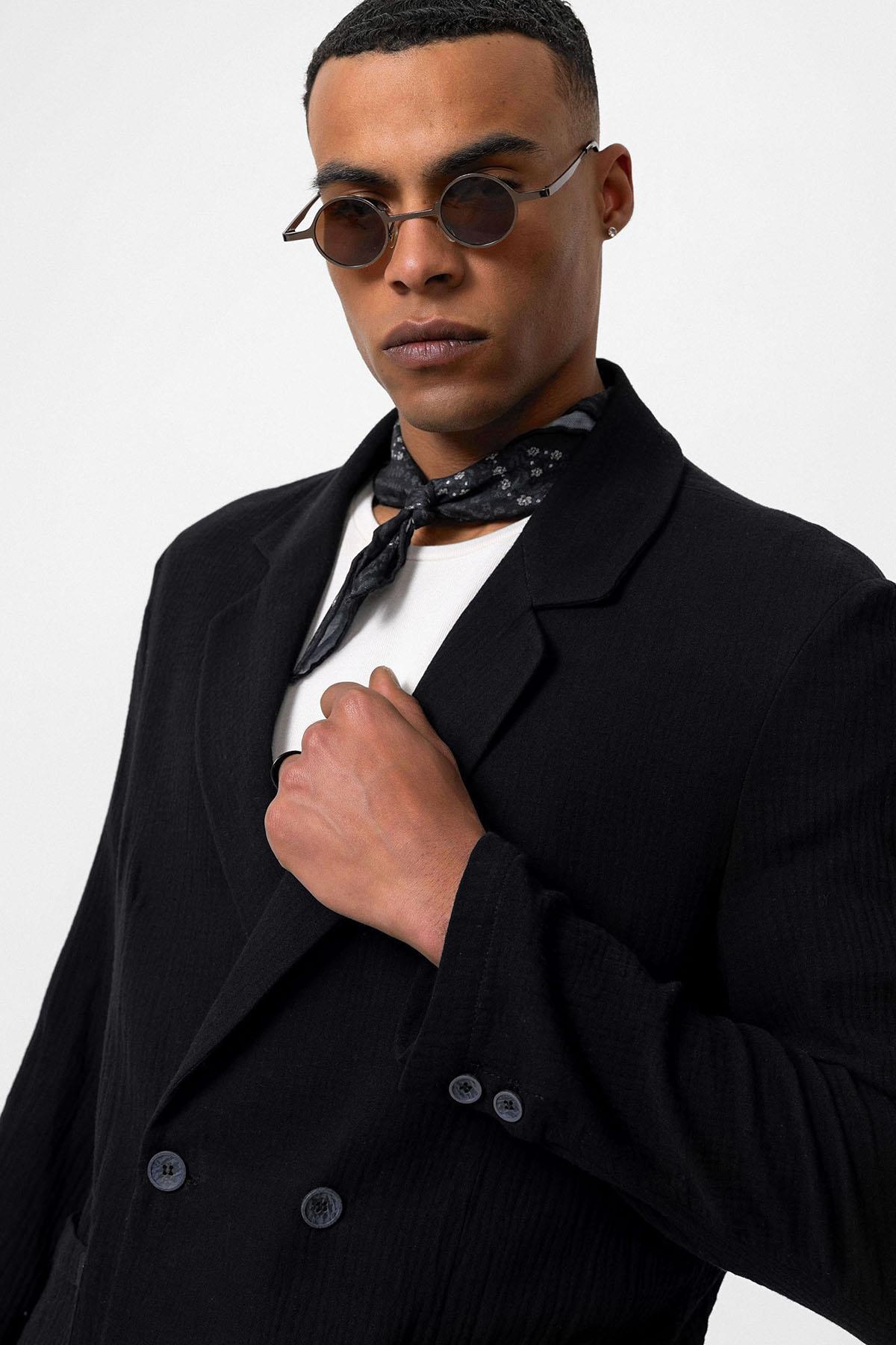 Antioch-Siyah Kruvaze Kapama Astarsız Erkek Blazer Ceket-Blazer Ceket-4-Milagron.com