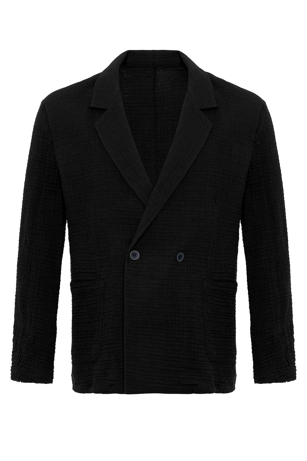 Antioch Siyah Kruvaze Kapama Astarsız Erkek Blazer Ceket