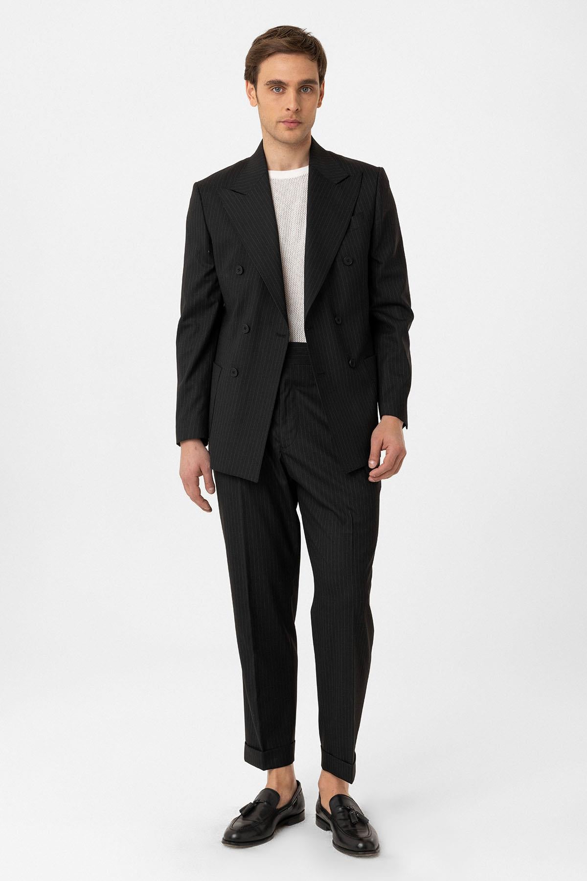 Antioch-Siyah Kruvaze Kapama İtalyan Kesim Yün Karışımlı Çizgili Erkek Teknik Takım-Takım Elbise-3-Milagron.com