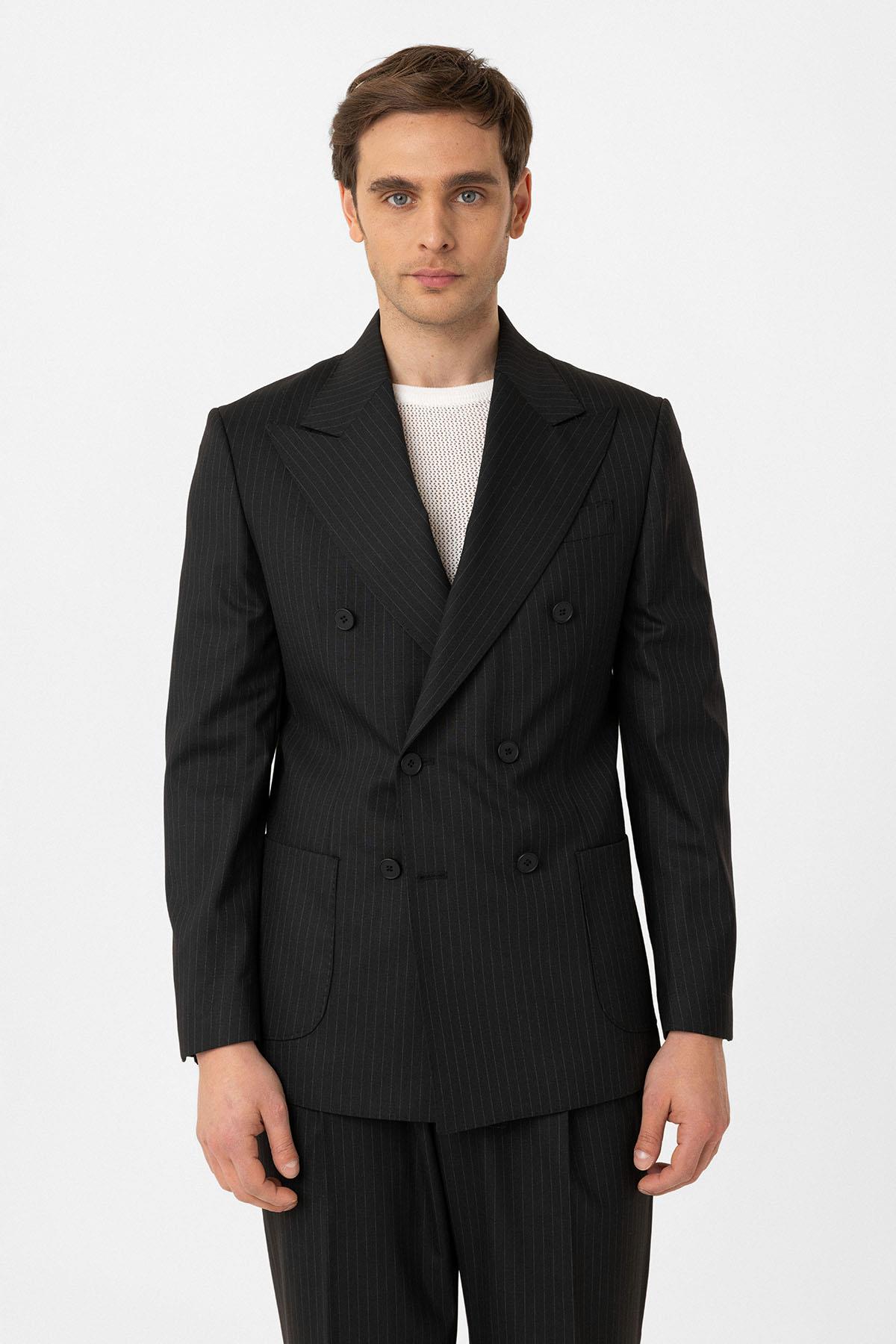 Antioch-Siyah Kruvaze Kapama İtalyan Kesim Yün Karışımlı Çizgili Erkek Teknik Takım-Takım Elbise-4-Milagron.com