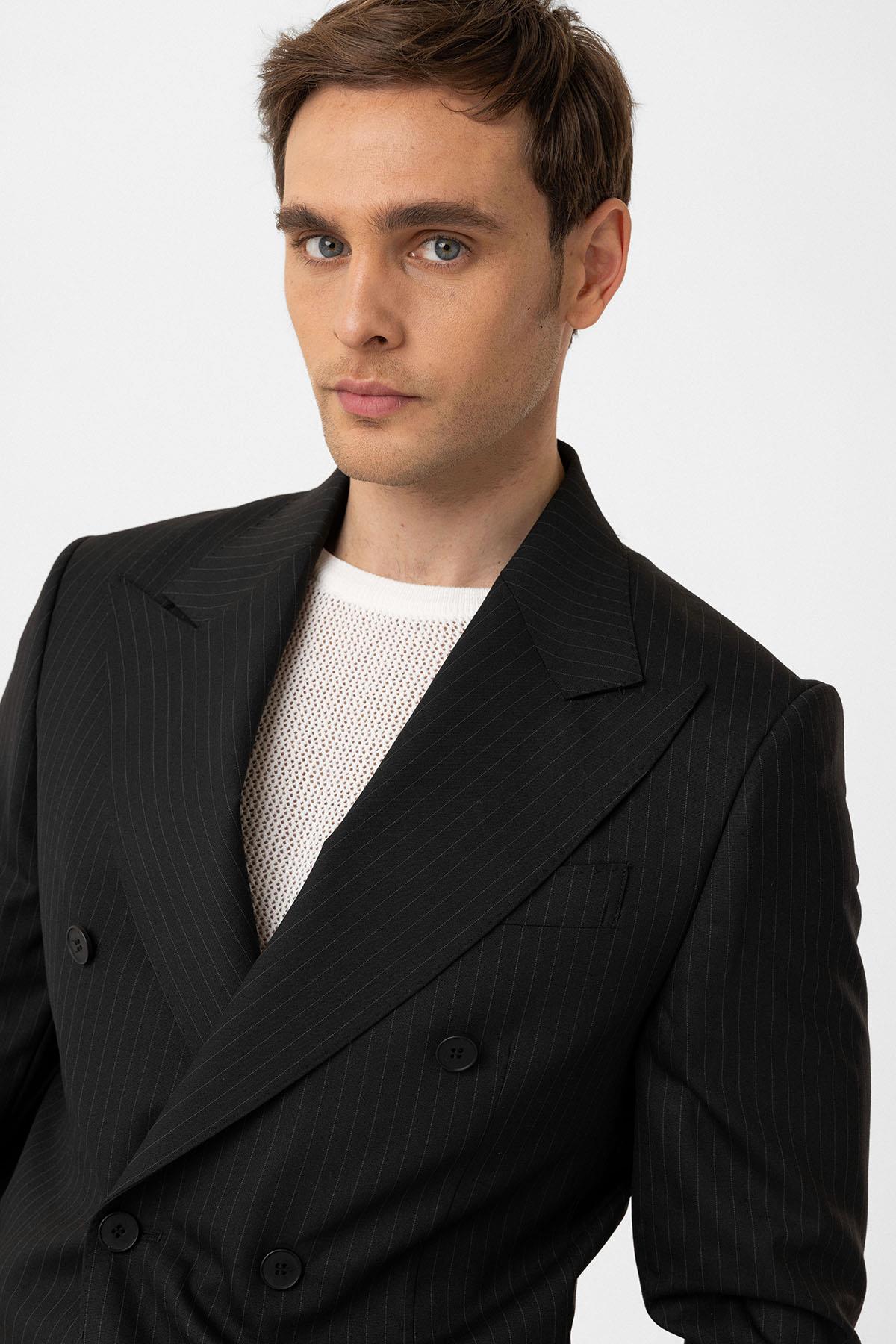 Antioch-Siyah Kruvaze Kapama İtalyan Kesim Yün Karışımlı Çizgili Erkek Teknik Takım-Takım Elbise-5-Milagron.com