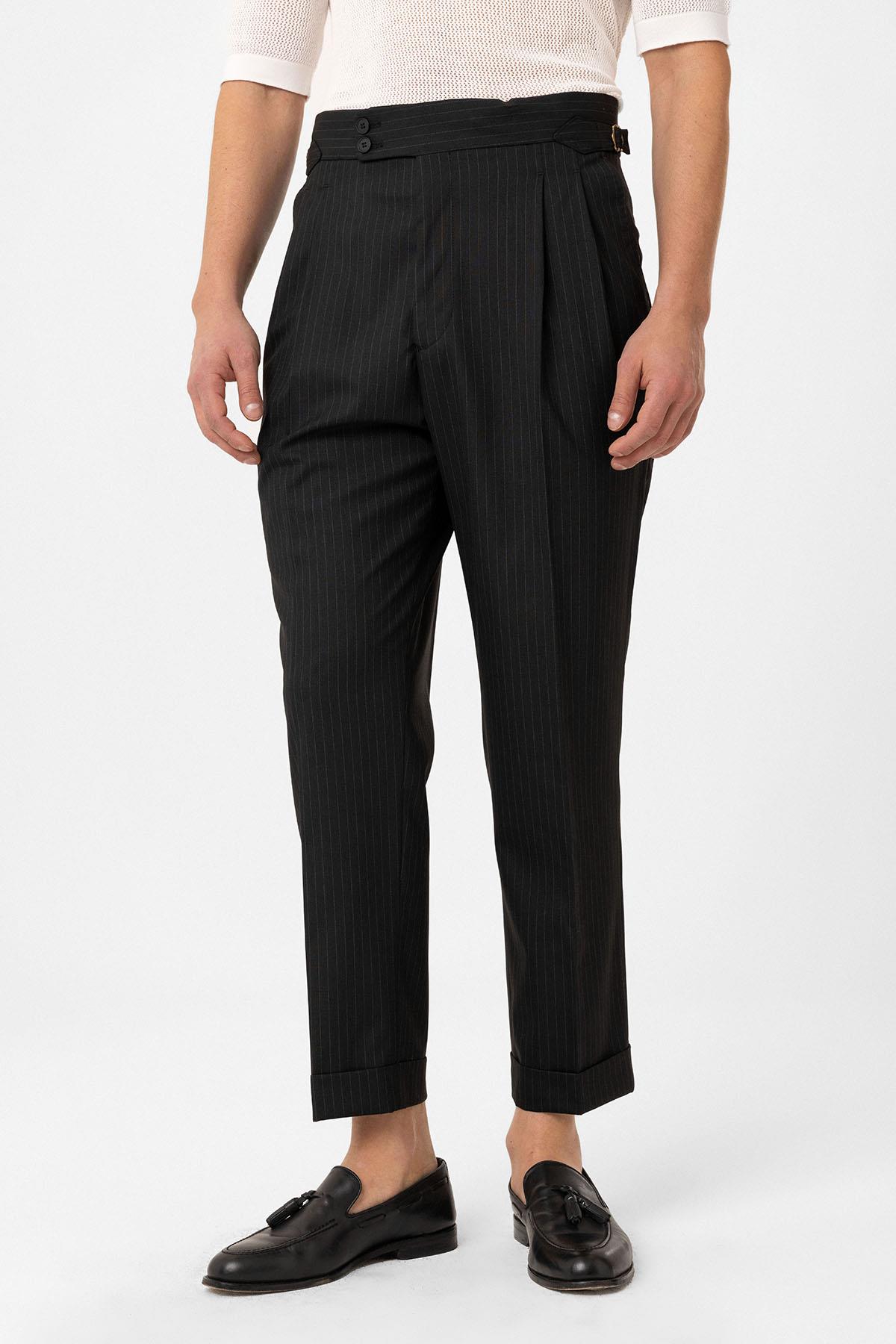 Antioch-Siyah Kruvaze Kapama İtalyan Kesim Yün Karışımlı Çizgili Erkek Teknik Takım-Takım Elbise-6-Milagron.com