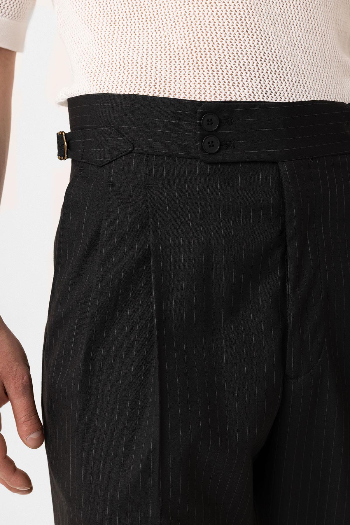 Antioch-Siyah Kruvaze Kapama İtalyan Kesim Yün Karışımlı Çizgili Erkek Teknik Takım-Takım Elbise-7-Milagron.com