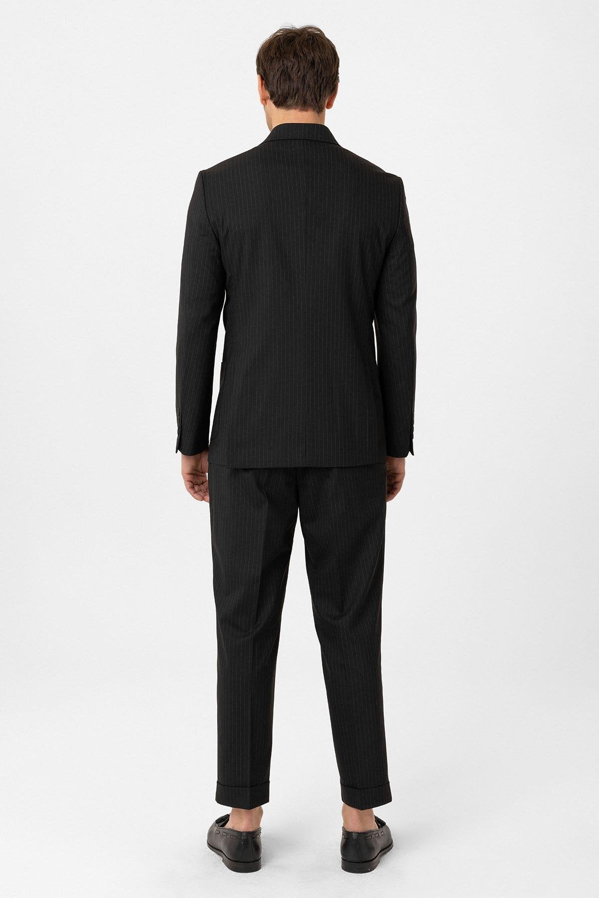 Antioch-Siyah Kruvaze Kapama İtalyan Kesim Yün Karışımlı Çizgili Erkek Teknik Takım-Takım Elbise-8-Milagron.com