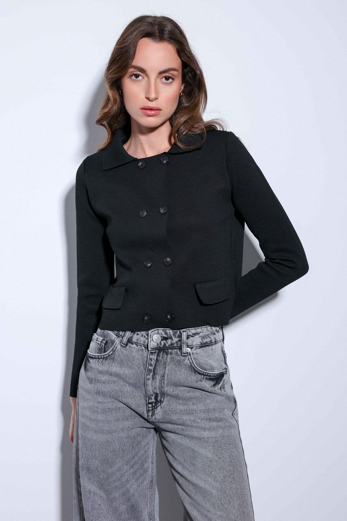 Antioch-Antioch Siyah Kruvaze Kapama Kadın Triko Hırka-Hırka-1-Milagron.com