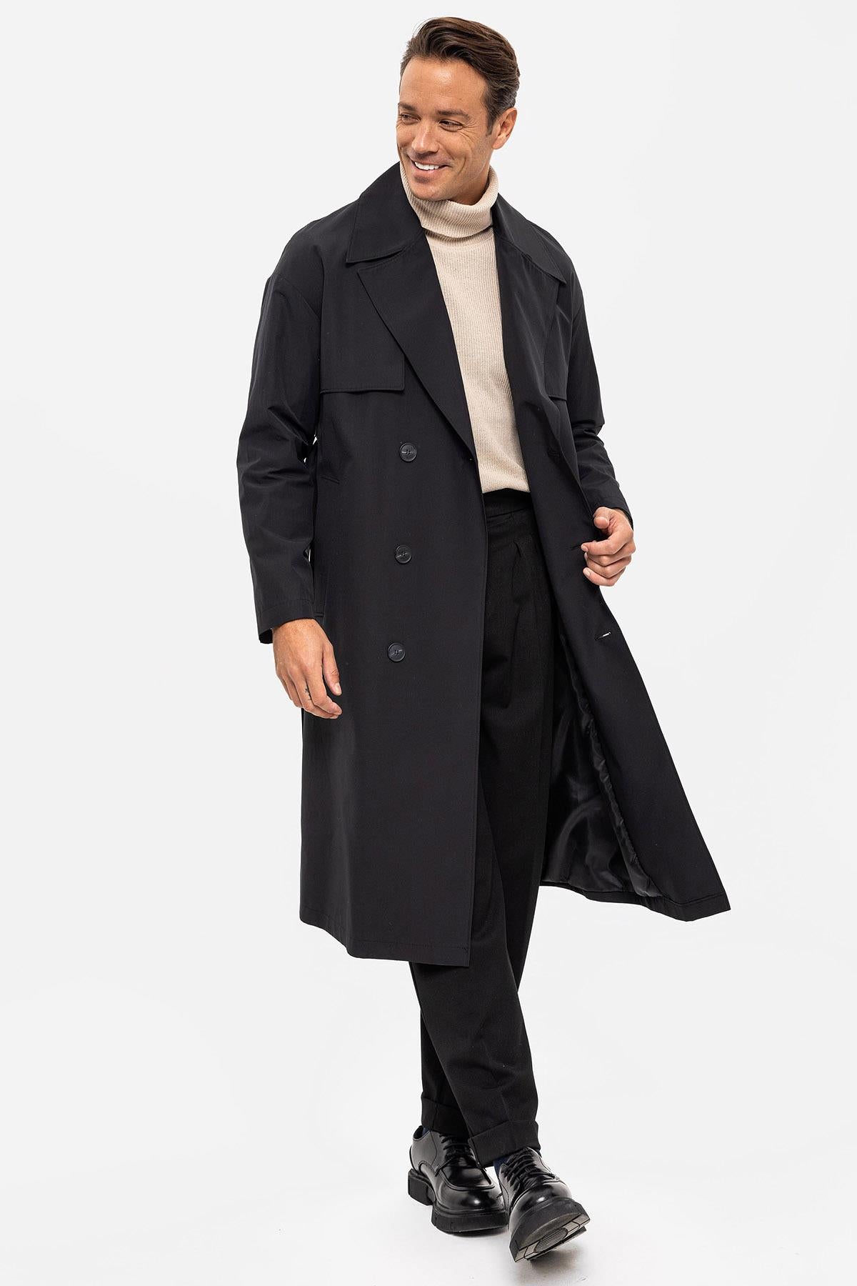 Antioch-Siyah Kruvaze Kapama Kemerli Trençkot-Trençkot-2-Milagron.com