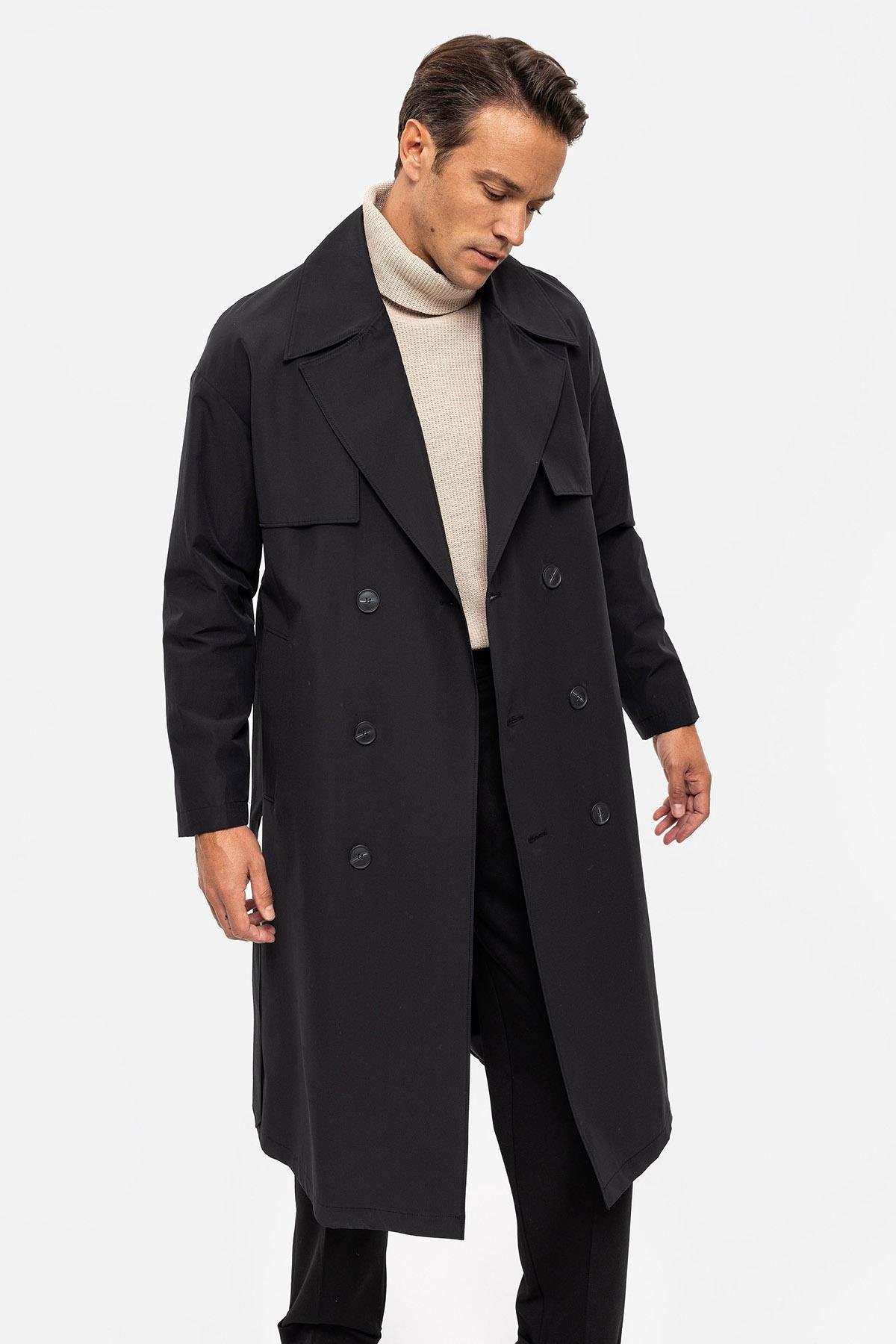 Antioch-Siyah Kruvaze Kapama Kemerli Trençkot-Trençkot-4-Milagron.com