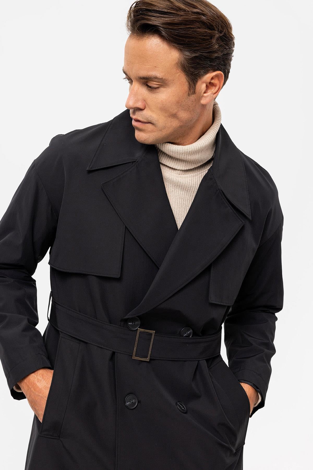 Antioch-Siyah Kruvaze Kapama Kemerli Trençkot-Trençkot-6-Milagron.com