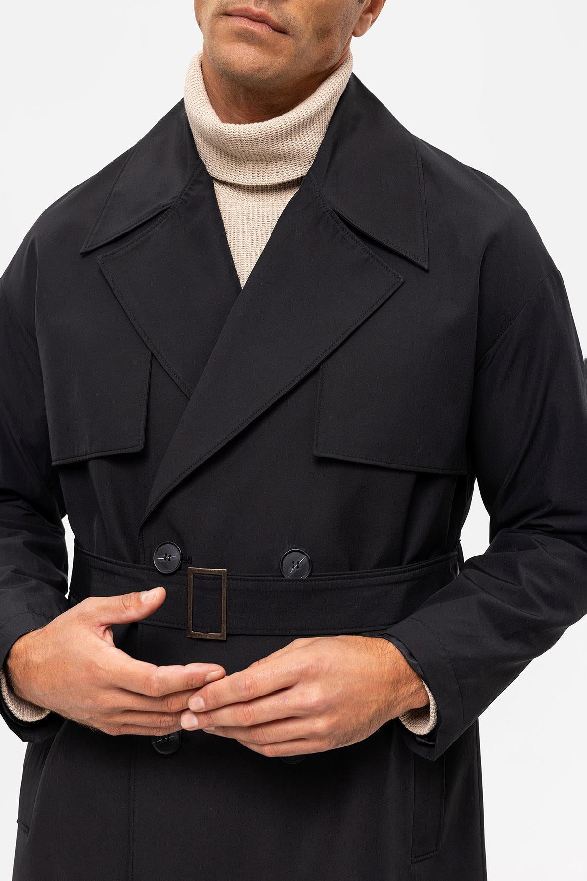 Antioch-Siyah Kruvaze Kapama Kemerli Trençkot-Trençkot-7-Milagron.com