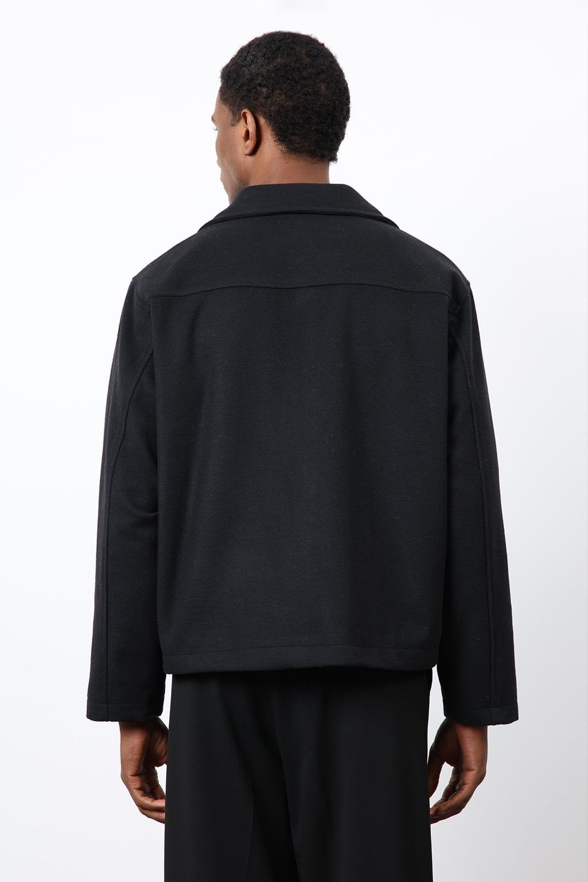 Antioch-Siyah Kruvaze Kapama Kısa Erkek Kaban-Kaban-5-Milagron.com