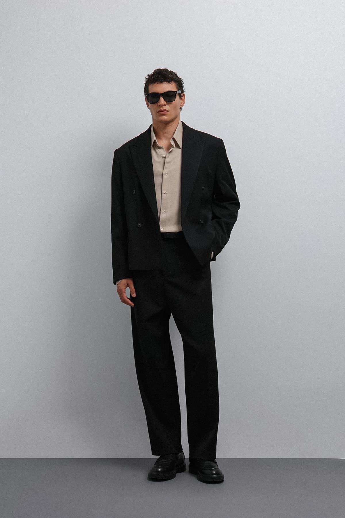 Antioch-Siyah Kruvaze Relax Crop Fit Blazer Ceket-Blazer Ceket-2-Milagron.com