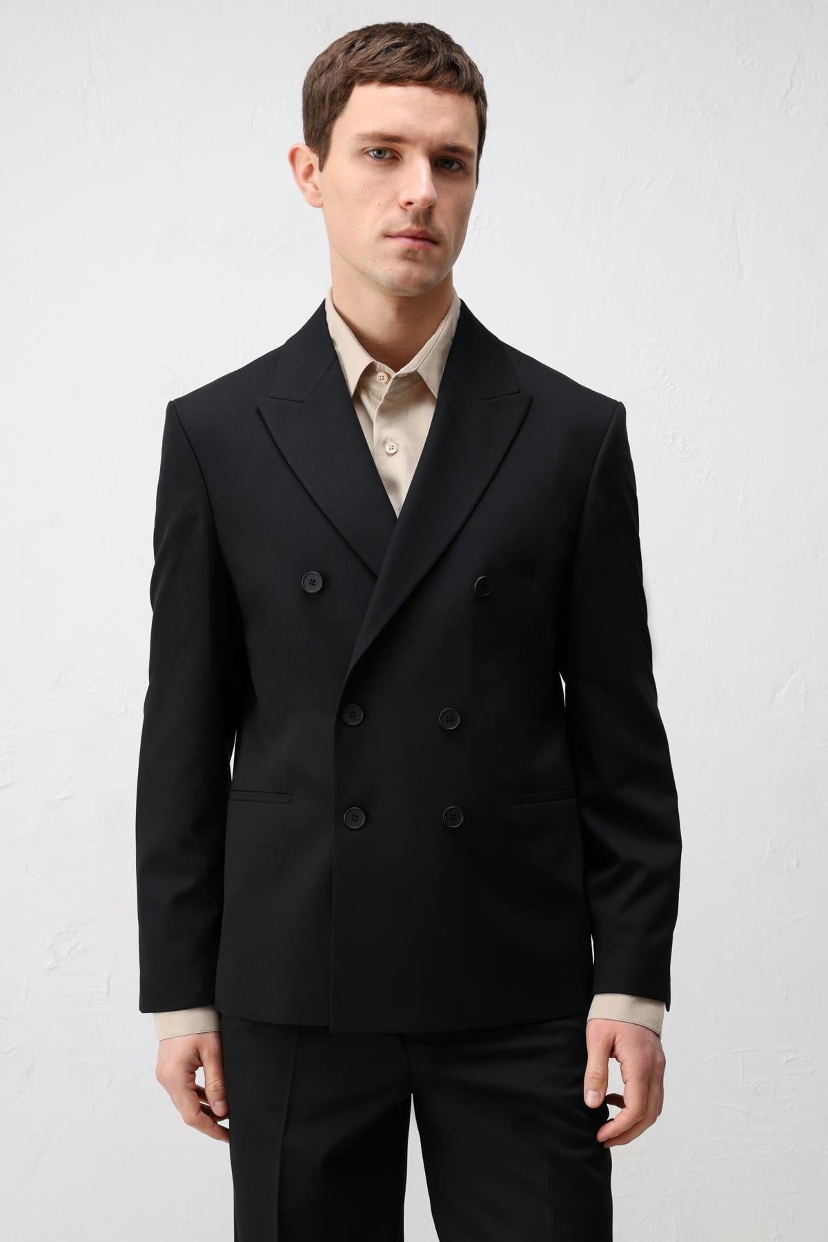 Antioch Siyah Kruvaze Relaxed Fit Erkek Blazer Ceket