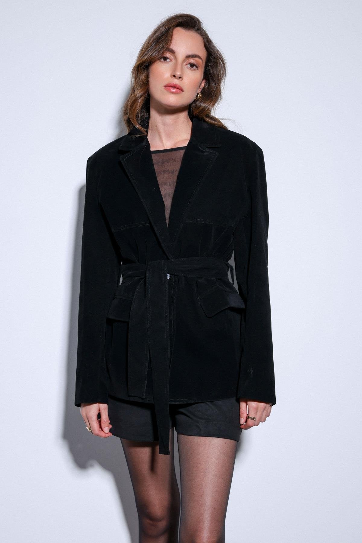 Antioch-Antioch Siyah Kuşak Bağlamalı Süet Kadın Ceket-Ceket-5-Milagron.com
