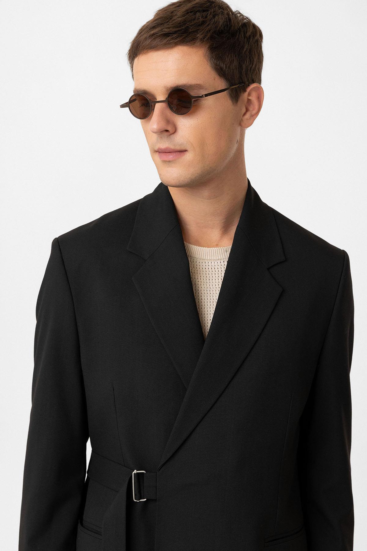 Antioch-Siyah Kuşaklı Relax Fit Erkek Blazer Ceket-Blazer Ceket-4-Milagron.com